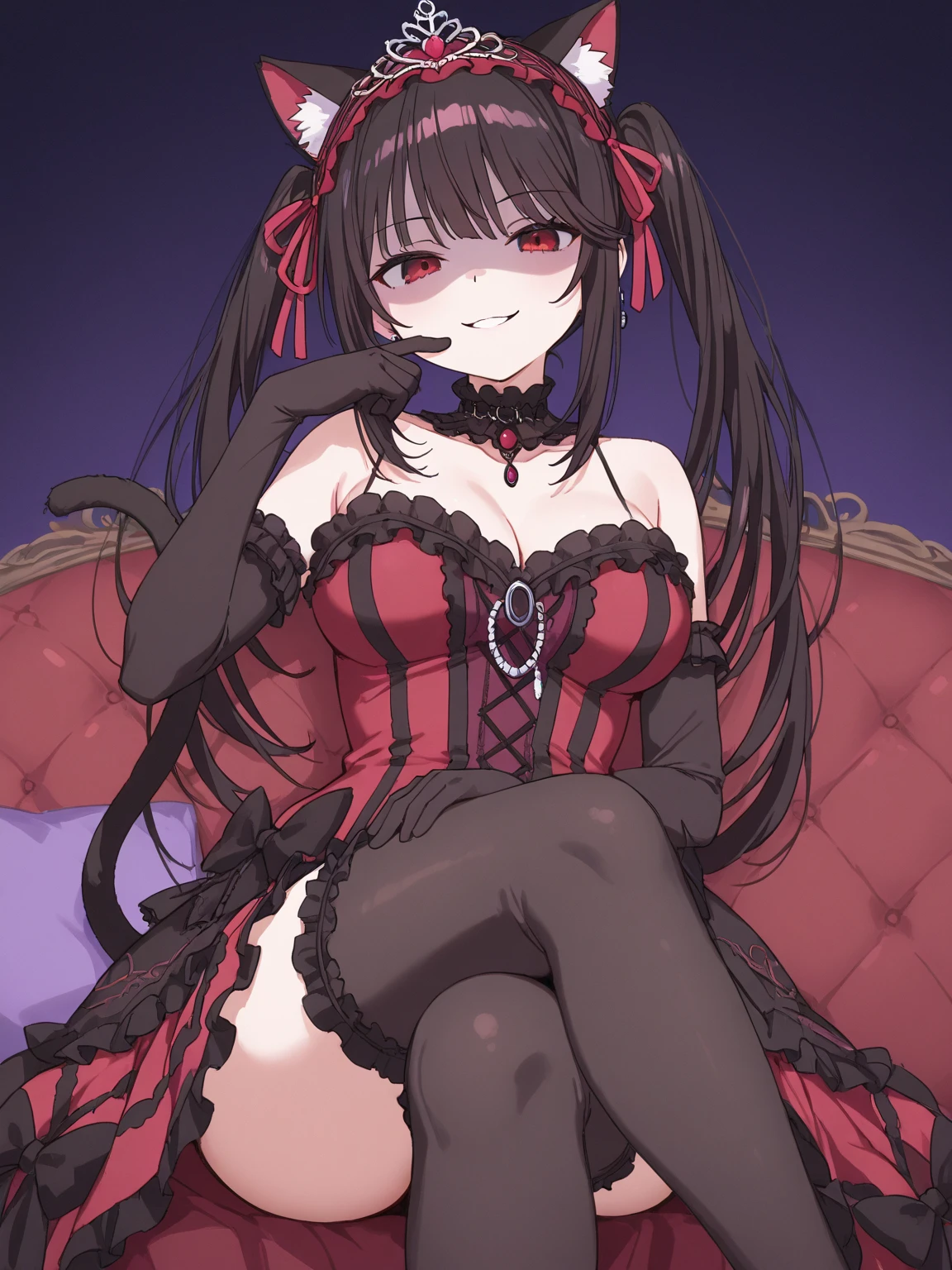 One girl, Solo, Well-defined facial features, ((Colossal tits: 1.4)), (Naked: 1.4), ((Hi-Res)), ((masuter piece)), ((Best Quality)), (Very detailed)), Large file size, long white hair, {{{(Dark red heterochromia), (Black heterochromia)}}}, V-shaped fuselage, (sheer red frill), (Detailed wine red and black gothic dress fashion), Side tulle frill, (eye line), see-through frill, Rose flower