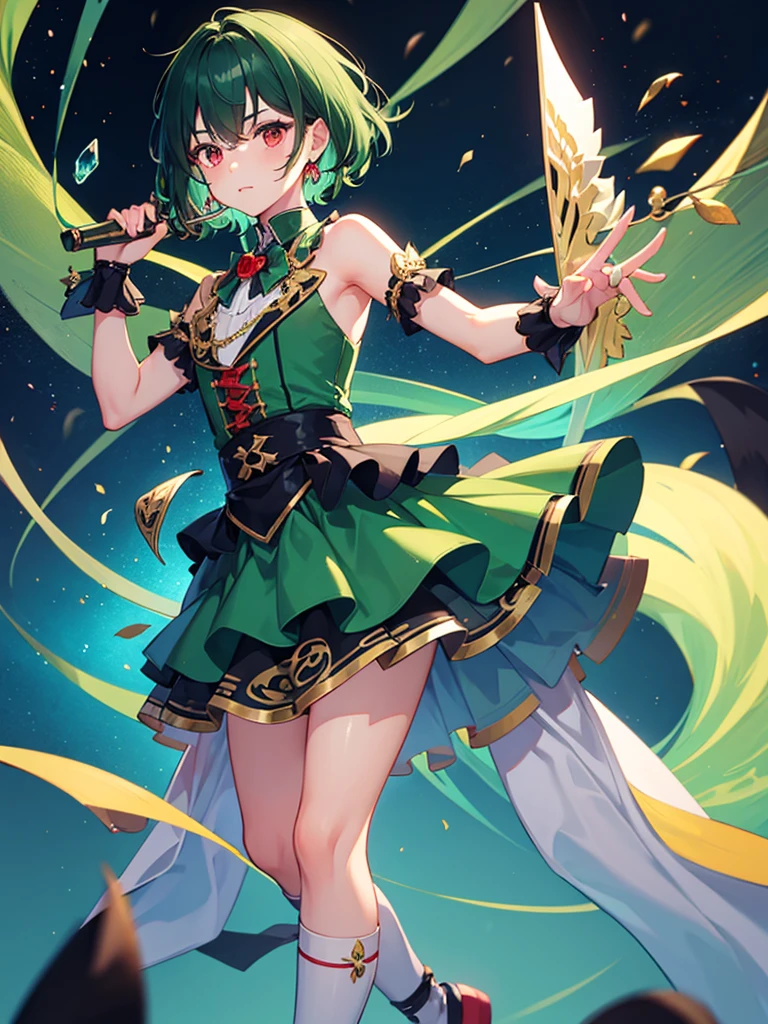 8k, girl, 8k, detailed face, fine eyes, disgusting face, Radiant woman, green, full body pose, singer, Hand Microphone, swimsuit,