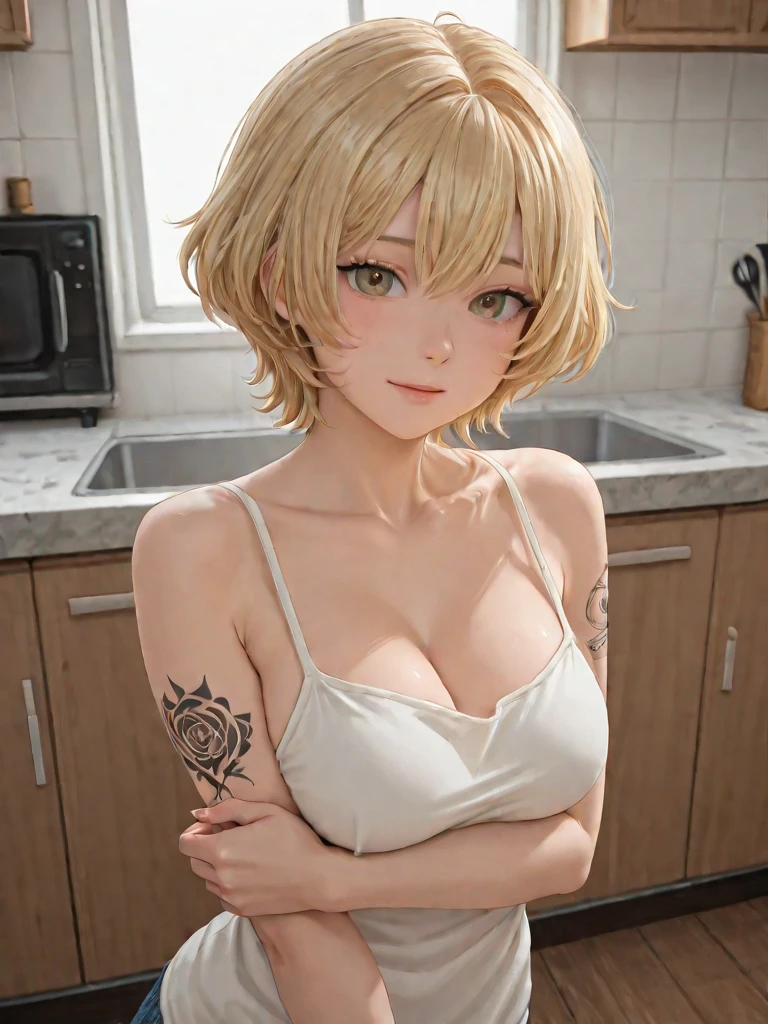 blonde, short hair, girl1, in the Living room, sofa, upper body, completely nude, (small nipples:1.2), (small areolas:1.2), kawaii, cute, pale purple eyes,