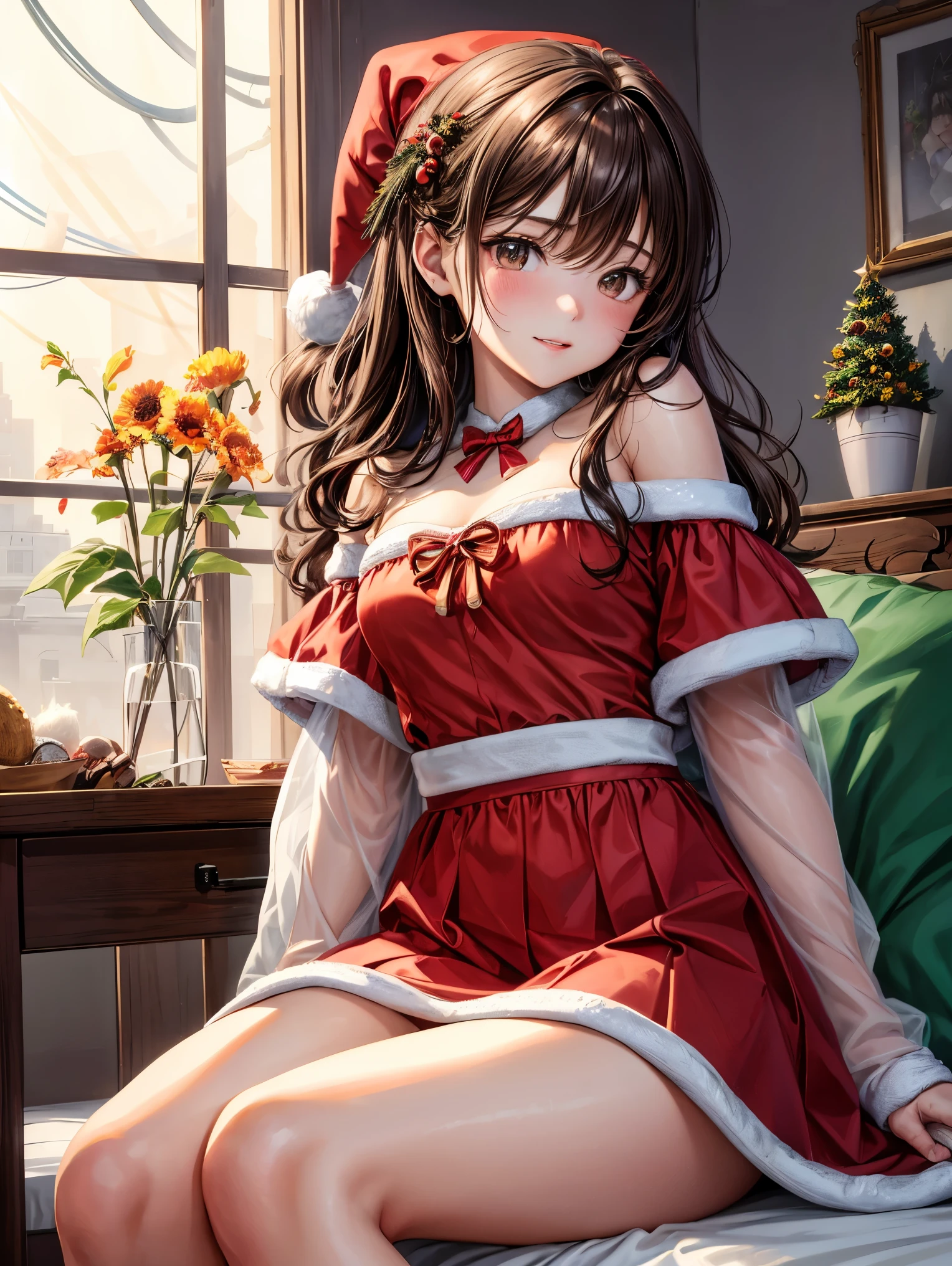 ((masutepiece, Best Quality, hight resolution, nffsw, Perfect Pixel, 4K, nffsw, nffsw))), 1girl in, Single, Solo, Beautie、full body seen、 ((Middle Wave Hair, Bangs, Brown hair)), ((Brown-eyed, Beautiful eyelashes, Realistic eyes)), ((Detailed face, Blushing:1.2)), ((Smooth texture:0.75, Realistic texture:0.65, Photorealistic:1.1, Anime CG style)), medium breasts, Dynamic Angle, Perfect body, (Santa Claus Costume、Red knitted hat、red and white off shoulder sweater、red and white flared skirt、Black garter stockings)、耳环、a necklace、sitting down on the floor、Pink panty、luxury hotel christmas party、 no-bra、(rub one's breasts)、、、, Lying down with a panicked smile.、、