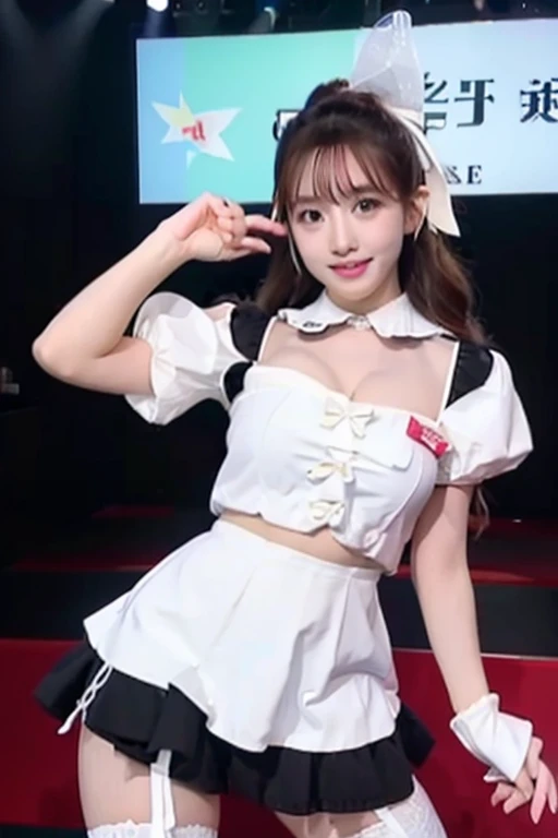 adult woman、exact number of fingers、Exact number of legs、Exact number of arms、bangs, ribbon ponytail, brown hair, (blush:1), (put one hand in your panties:1.8), fingering, (pussy juice:1.2), cum in mouth, (A woman is holding a microphone and is about to sing:1.5)、white and navy idol costume、That costume includes a navy blue idol-style corset., That costume has a ribbon on the collar.、The costume covers the shoulders, sides, upper arms, and arms., That costume only opens wide at the chest.、high socks、white idol style skirt, (Detailed and luxuriously decorated underwear:1.3), Ribbon at collar, (White and pink panties with lots of lace:1.3), white lace bra:1.2), sexy underwear, Thighhighs、 beautiful big breasts, (erect nipples:1), the skirt is turned up、highest quality, High resolution, (detailed and beautiful eyes:1.6), highly detailed face, perfect lighting, Very detailed CG, (perfect hands, perfect anatomy),embarrassed expression、The expression that you are holding back from going to the toilet, (sexual pleasure expression:1.4), (expression of agony:1.2)、close your eyes、sexy look、look upward、mouth half open、Climax、(live stage、a lot of spectators:1.3)、whole body