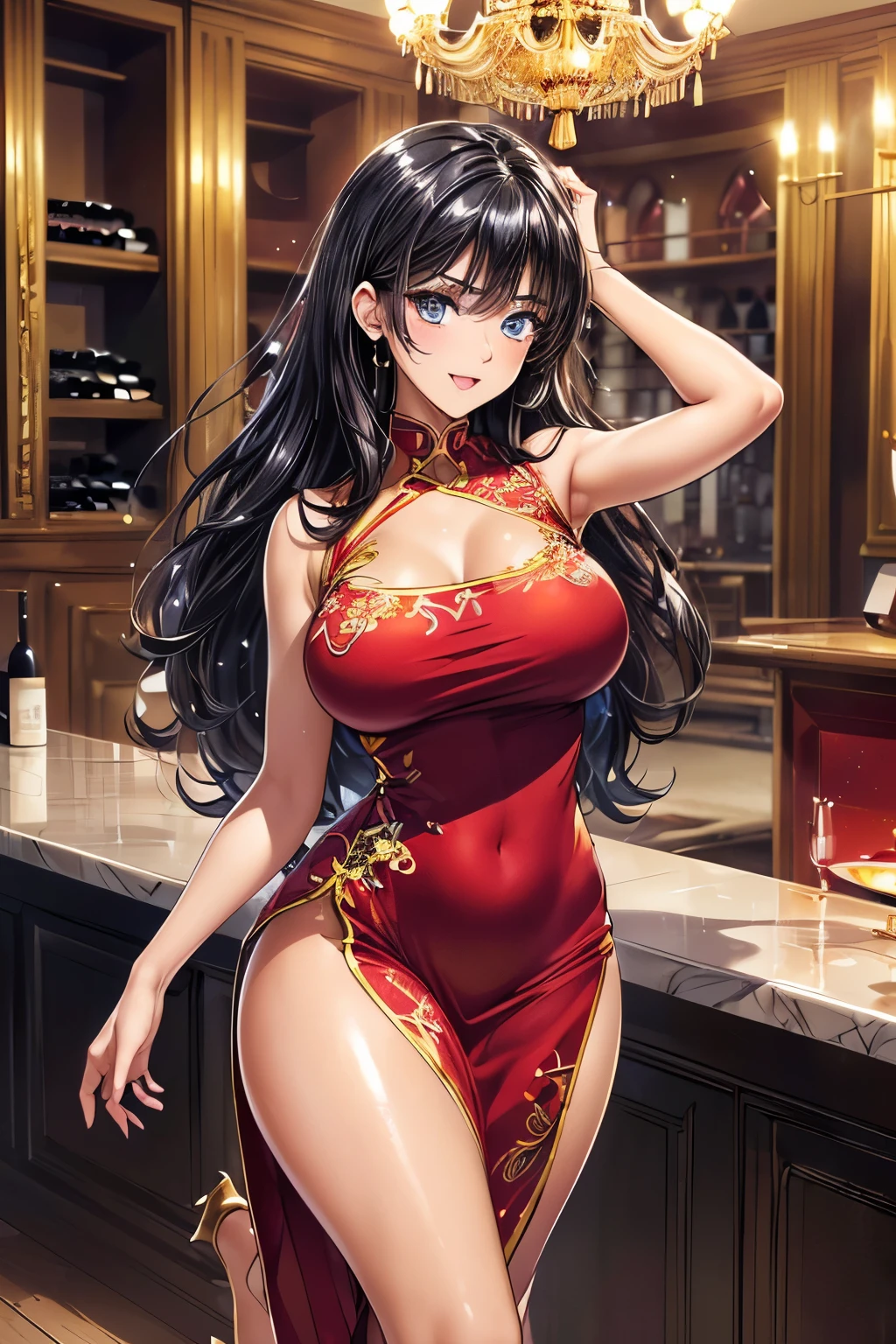 woman,20-year-old,party venue,(((Sexy silk dresses))),,closed mouth smile,((black hair)),blush,(wet with sweat)See-through