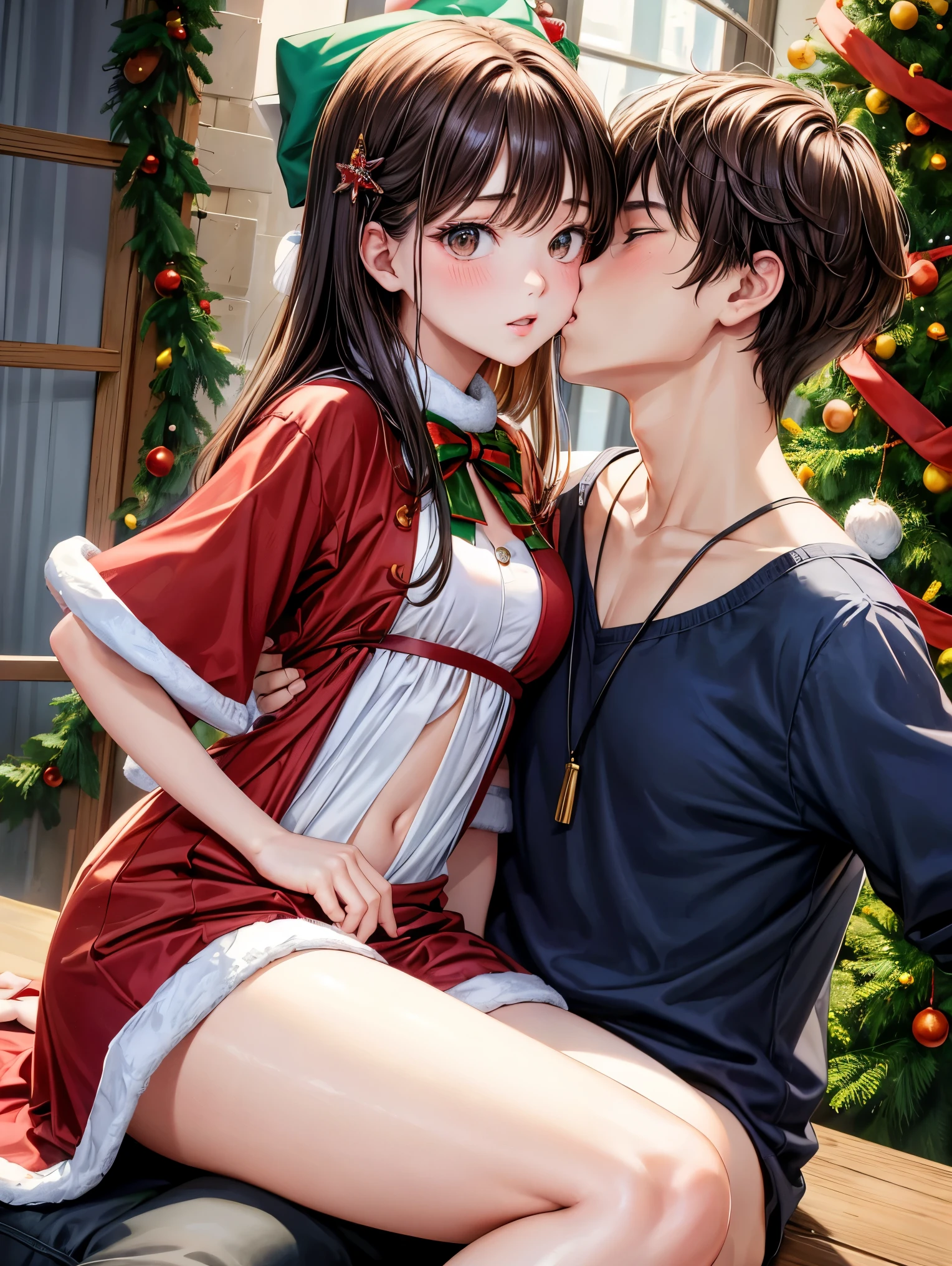 Long wavy dark hair with bangs ((looks like 20yr old Bettie Paige)), bangs hair, (( 30 yrs old MILF))) with a much younger () handsome male wearing typical teen male clothing, babe with fitted short black a-line flare dress, (((sexy black holiday dress))), (((female wears skimpy dress with black ultra sheer high gloss pantyhose))), sitting on floor with her legs open wide, couple sits by a Christmas tree and he lifts her skirt, legs are open exposing her seamless pantyhose crotch, male caresses her, he fondles her touching her pantyhose crotch, she wears no shoes exposing her cute pantyhose feet, UHD