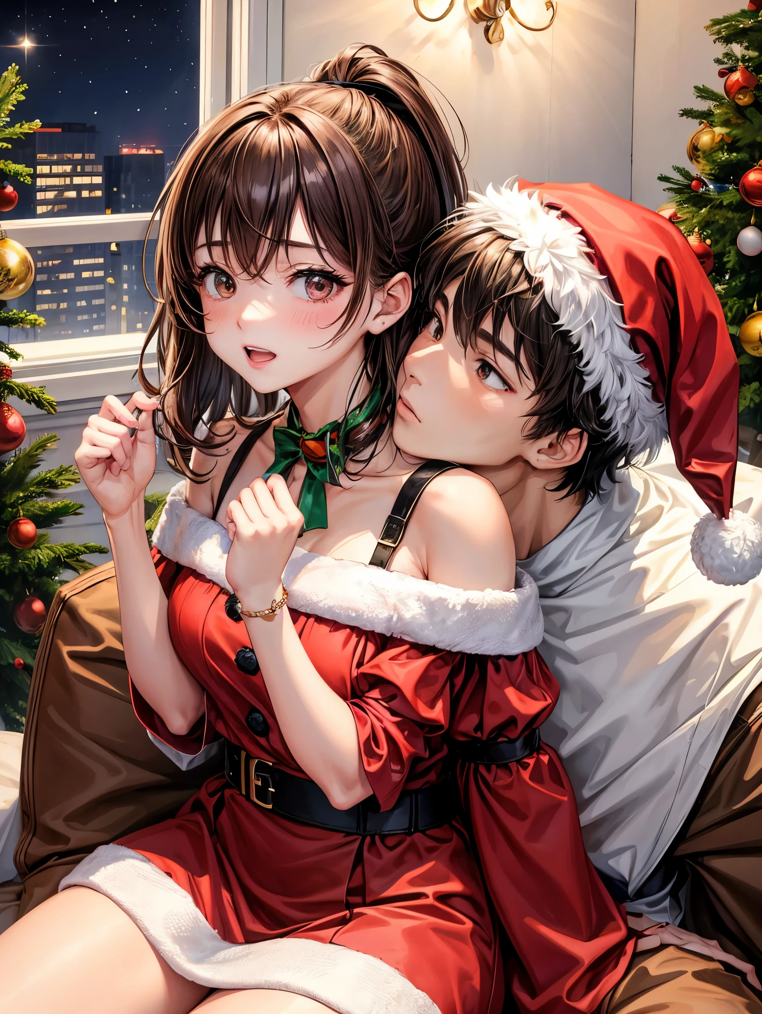 NSFW, (masterpiece, best quality, official art:1.4), (UHD, 8K wallpaper, High resolution, awesome illustration), (shiny skin),Cinematic lighting, physically-based rendering, Award-winning, detailed skin, extra detailed face, eyes with beautiful details, Carl Zeiss 85 mm F/1.4, BREAK, (1girl and 1boy, a couple is hugging each other:1.8), cute 16-year-old girl is standing in the livingroom, glossy brown hair, short bob cut, brown eyes, medium breasts, (wearing Santa Claus costume with Santa Claus hat, Santa Claus dress, bare shoulders, looking at away, noseblush AND embarrassed:1.5), (1boy is hugging the girl from behind and he grabs girl's breasts from behind, evil AND naughty:1.8), (a boy wears school uniforms:1 3), BREAK, (decorated Cristmas tree on background:1.5), face focus, cowboy shot, (view from side:1.3),