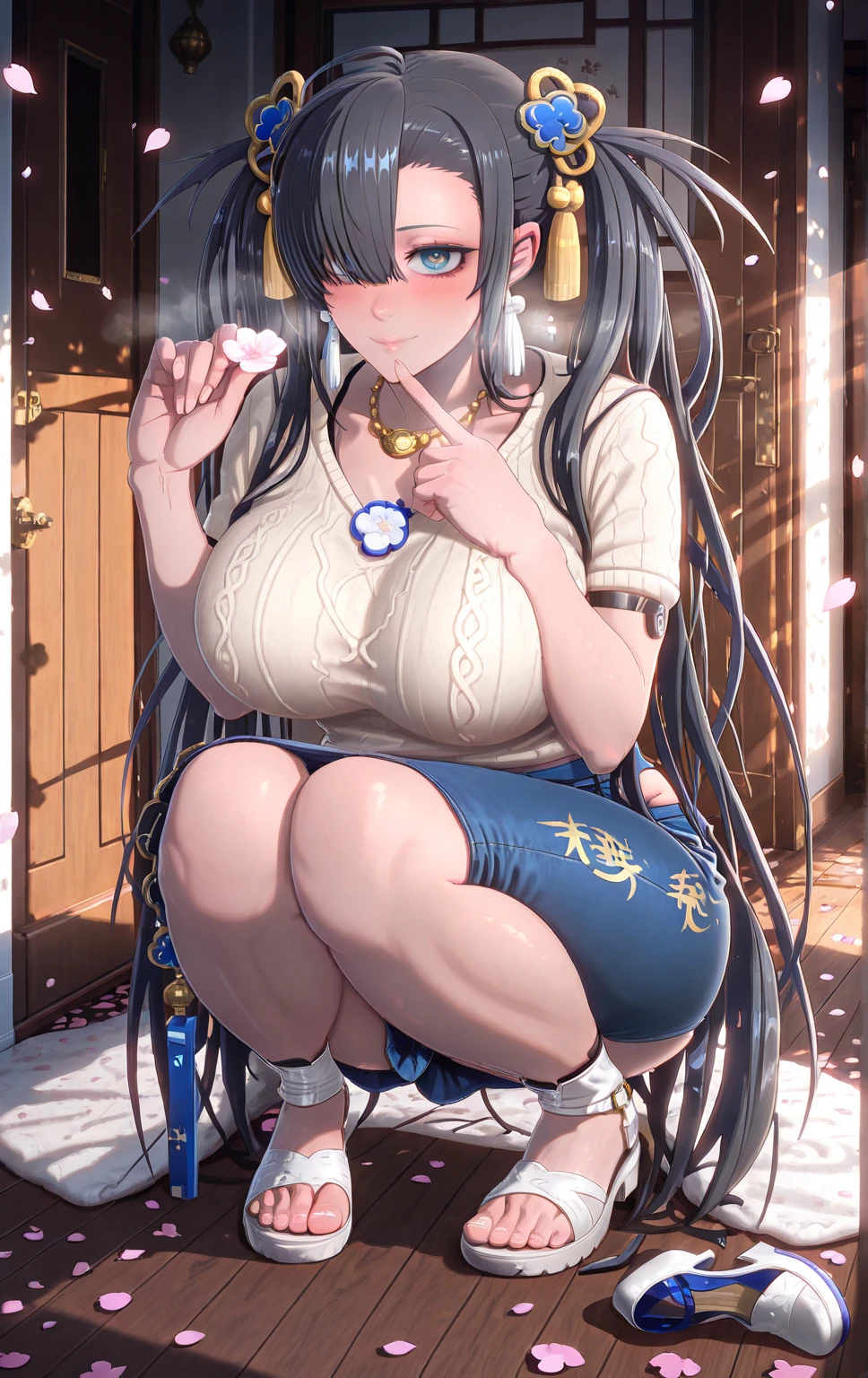Ruberule, (anime coloring, anime screencap), shiny skin, (minami koyogi-style:1.8), (j.k.-style:1.2), ((anatomical correct)), ((Cinematic, unreal engine, eye-catching, ambient occlusion, UHD, masterpiece)), ((perfect lighting, dappled sunlight, soft shadow)), perfect body, perfect eyes, perfect fingers, gasping, heavy breathing, gasping profusely, ((skindentation)), ((curvy)), blue eyes, long hair, twintails, (black hair:1.3), hair ornament, tassel, very long hair, large breasts, lips, boots, hair over one eye, black hair, asymmetrical bangs, foreshortening, gradient color eyes, (yulan1*1.2),, plump, 1girl, breasts, solo, blush, skirt, sandals, looking_at_viewer, squatting, petals, mature_female, jewelry, shoes, toes, shoes_removed, sweater, denim, collarbone, closed_mouth, necklace, feet, white_sweater, white_footwear, full_body, indoors, short_sleeves, holding, hair over shoulder, smile, hallway
