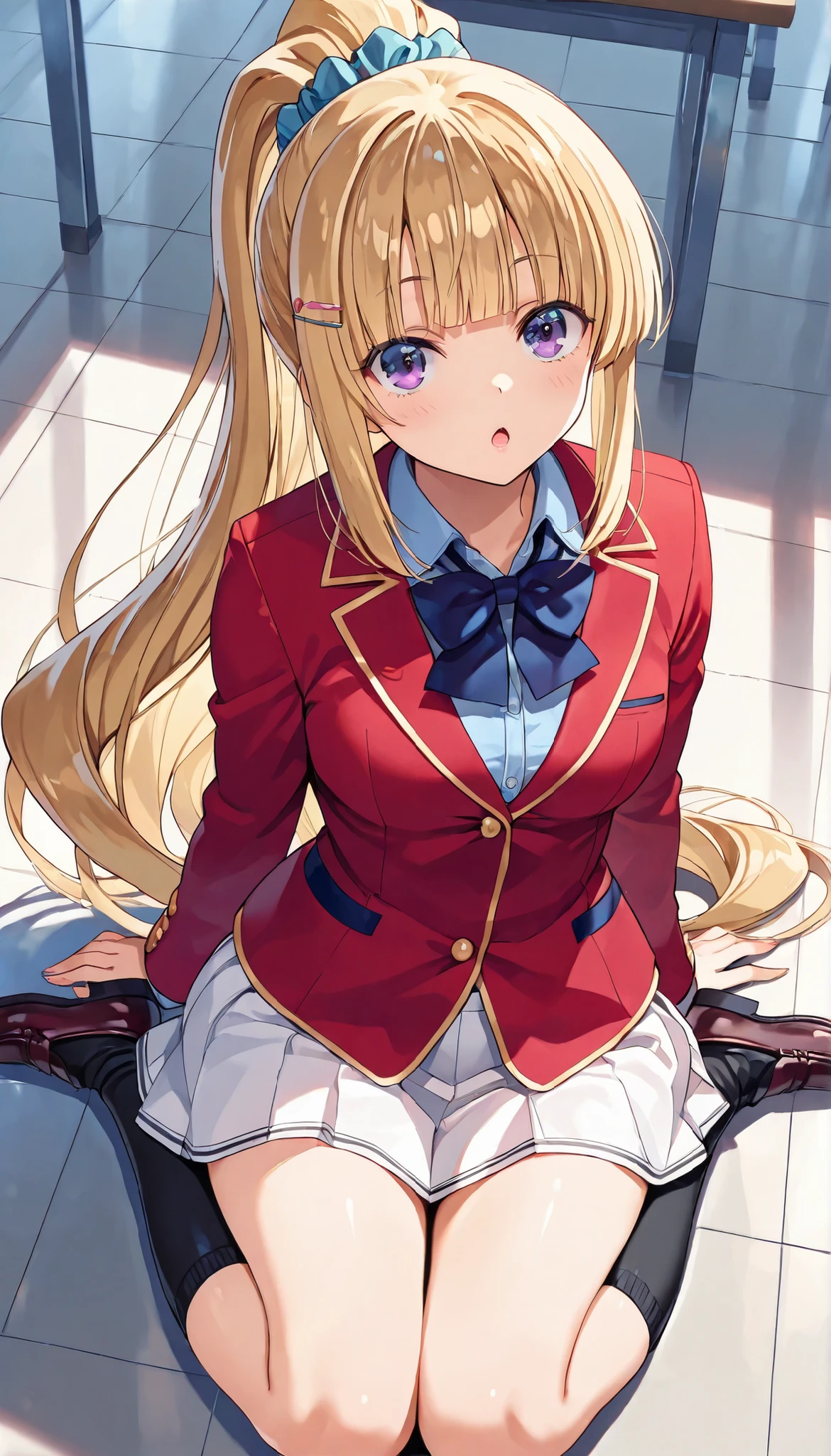 masterpiece, best quality, highres, 1girl,solo, , kei karuizawa , long hair , bangs , blunt bangs , purple eyes , blonde hair , hair ornament , ponytail , scrunchie , blue scrunchie , white skirt, red blazer(closed blazer, buttoned blazer,two button), blue bowtie, blue shirt ,knee socks ,loafers,school roof floor , from above ,sitting on floor ,wariza ,open mouth ,glossy lips , full body, after school