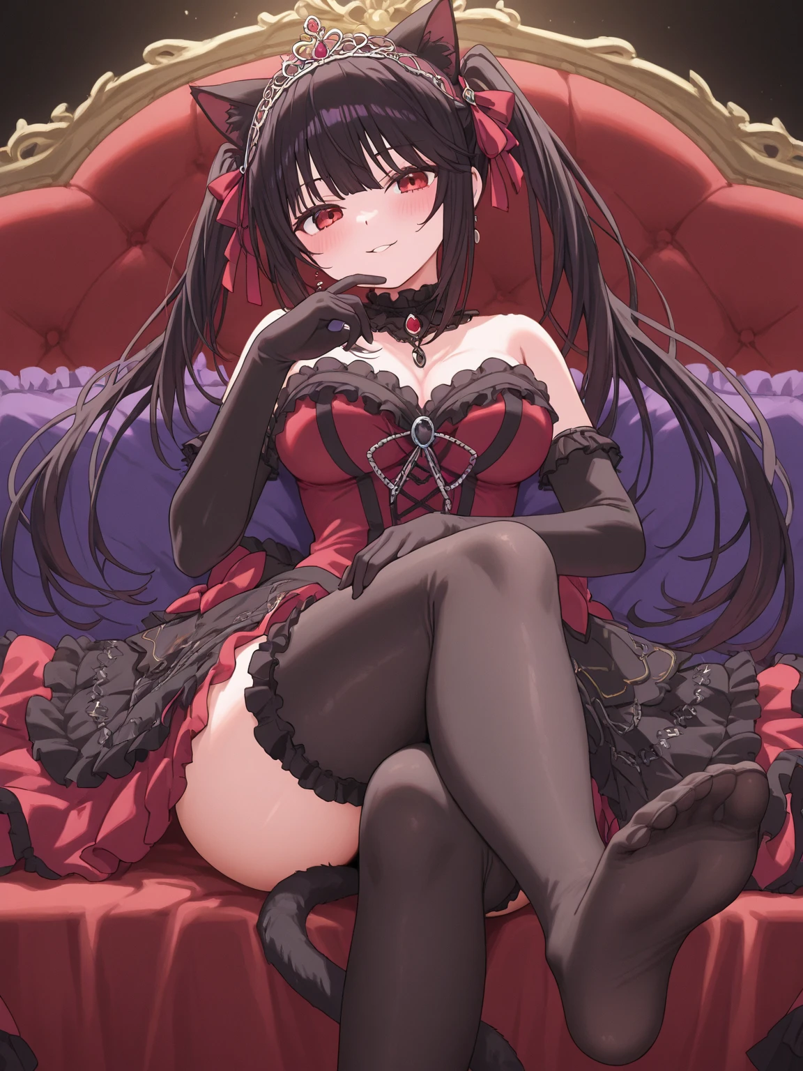 Una chica bonita y elegante, of 18 years, Pelo largo hasta las rodillas, pelo negro, ojos celestes, labios rojos, tetas grandes, , con camiceta, con falda roja y lineas negras, medias altas , con zapatos de varon botines.