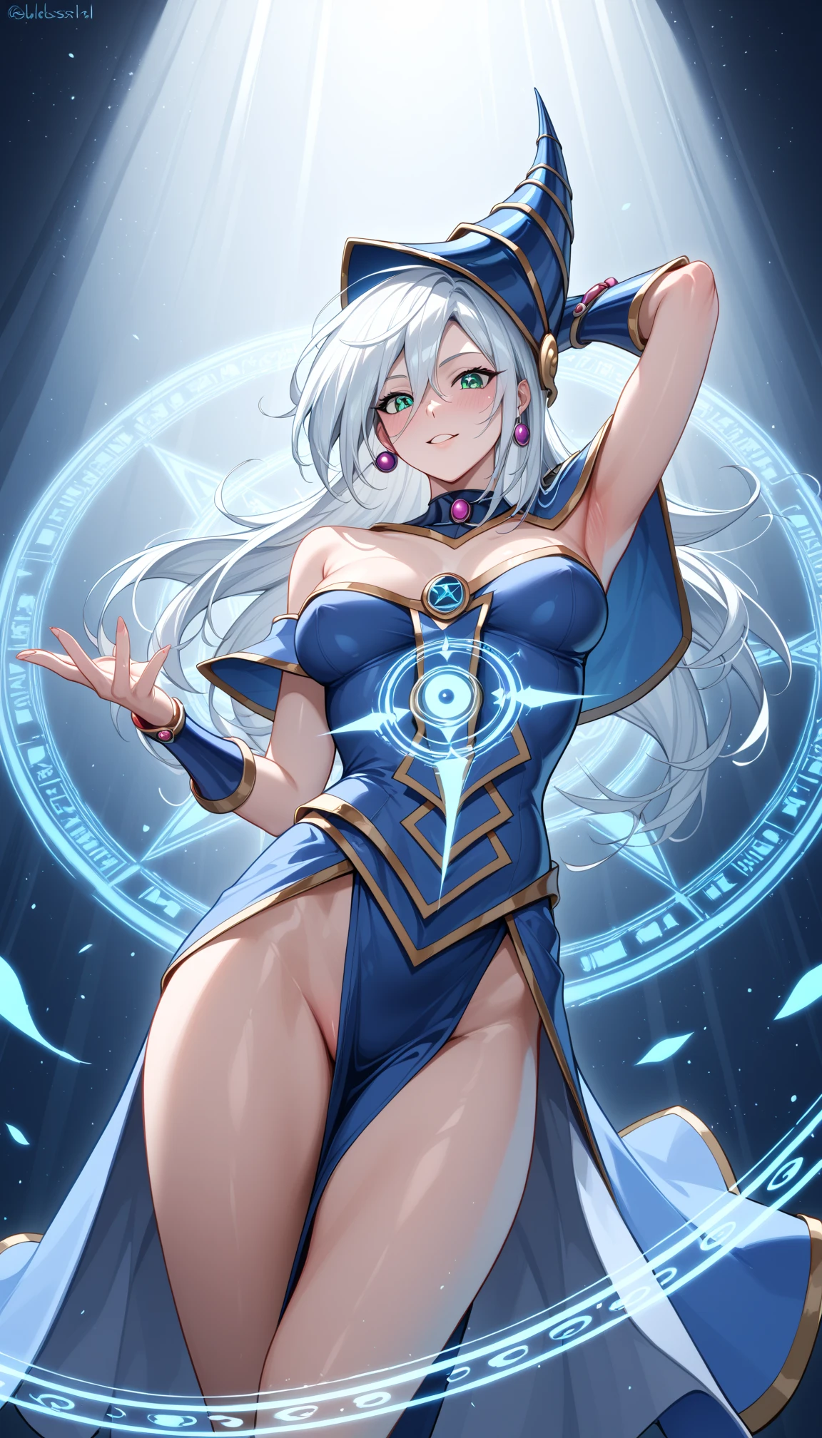 Silent magician, ropa apretada, poca piel visible, (( ruborizada, sonrisa, oiled skin)), pelo largo, cabello blanco, (( white hair)), sombrero blanco, skinny body, abs, muscle, muscle girl, big sagging breast , monstruo de duelo, Iparuputsua, de pie en la entrada de un castillo, magic world background, mundo medieval .