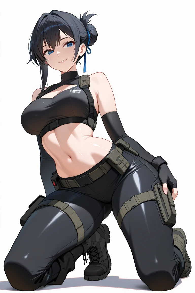 masterpiece, best quality, artist:fukuro_(maruaru00), 1girl, solo, black hair, short hair, inverted bob, black shirt, kevlar vest, black shorts, knee pads, gray soldier gear, gray military gear, large breasts, (arm belt), white background, straddling, from below, no background