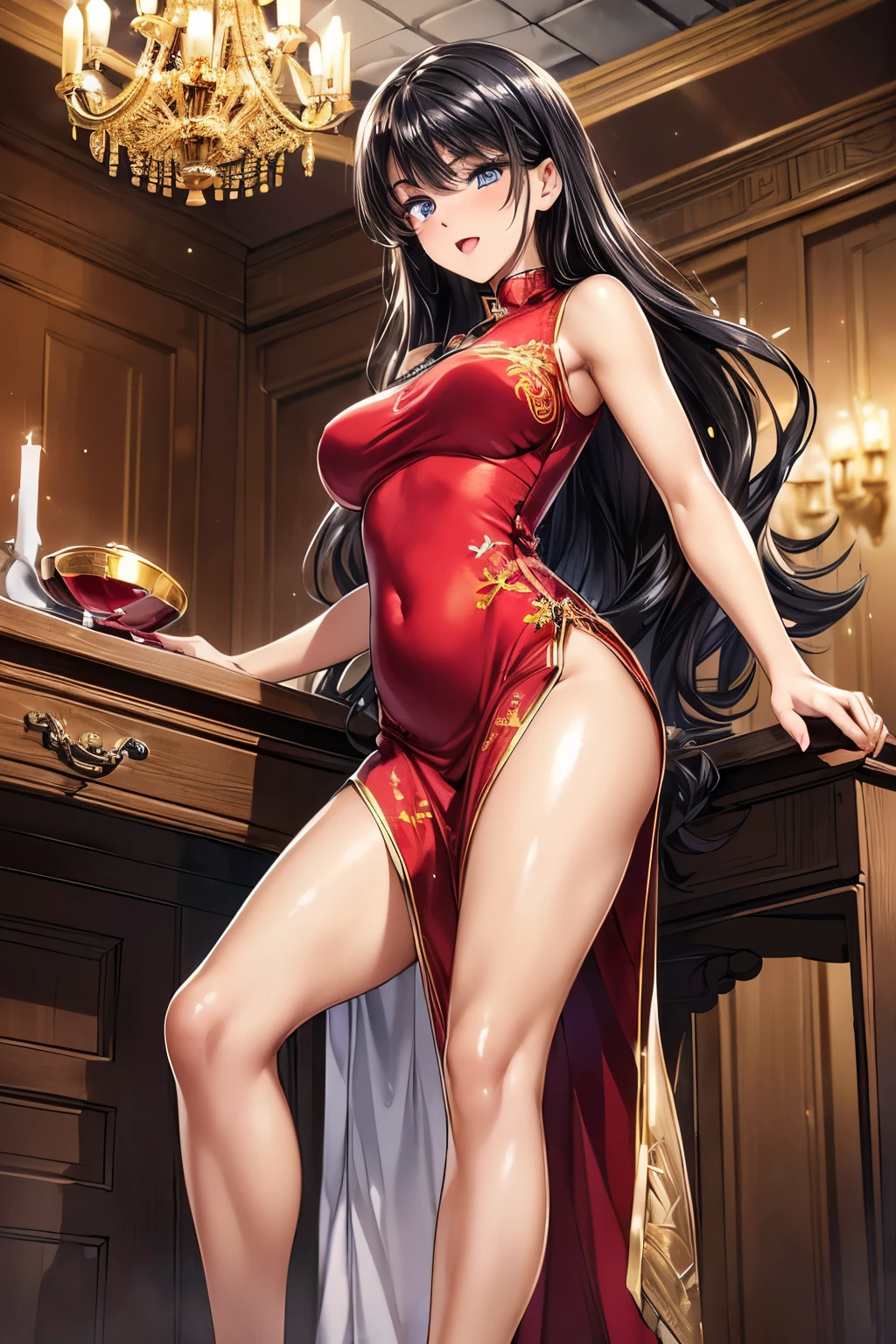 Extremely ridiculous,fantasy,Valentine's Day,bar,yellow long shan,pelvis_curtain,Print_cheongsam,long_coat,Haori,High_High heel,tHighHighs,Smile,charm,(Stately and gorgeous clothing)