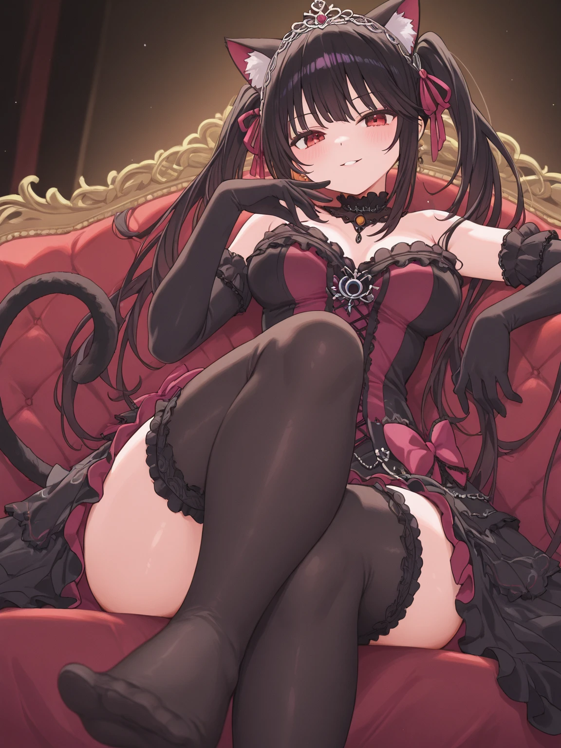 ((best quality)), ((masterpiece)), (detailed), ((highres)), In lavish manor library, extremely long white hair. Fluffy black cat ears (on head). Long black cat tail (on butt), 1catgirl, 20 year old, curvy body, naked. Heterochromatic eyes (one blue eye, one purple eye). No shoes, white leggings, nude, no clothes, anime, short, provocative, white lewd dress