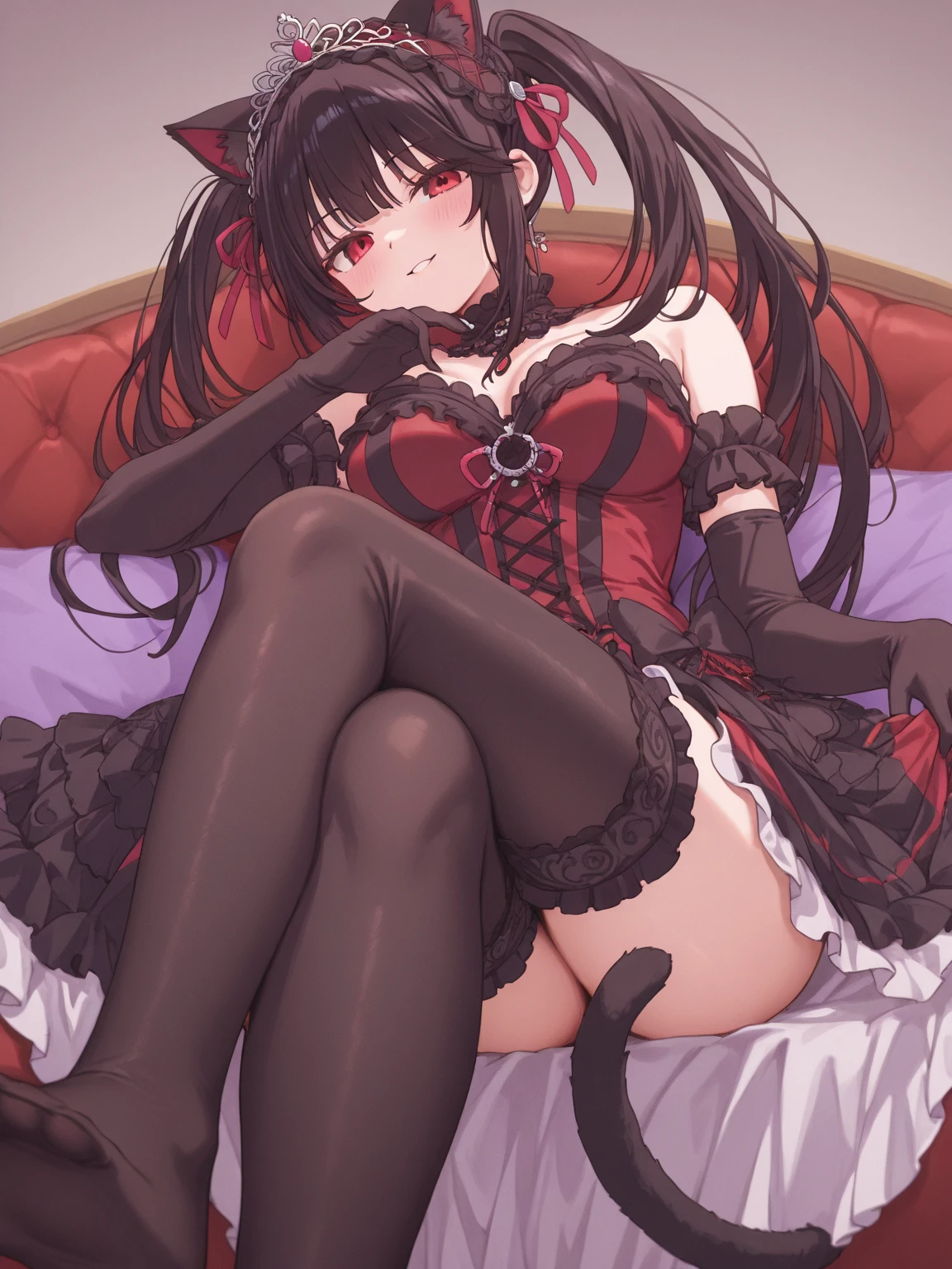 source_anime, anime style, 1girl, karyl, animal ear fluff, animal ears, black hair, black ribbon, cat ears, cat girl, cat tail, fang, green eyes, hair bow, long hair, low twintails, multicolored hair, purple bow, ribbon, skin fang, streaked hair, tail, twintails, vertical stripes, white hair, dildo in pussy, horse dildo, pain, tears, blood in pussy, closed mouth, closed eyes