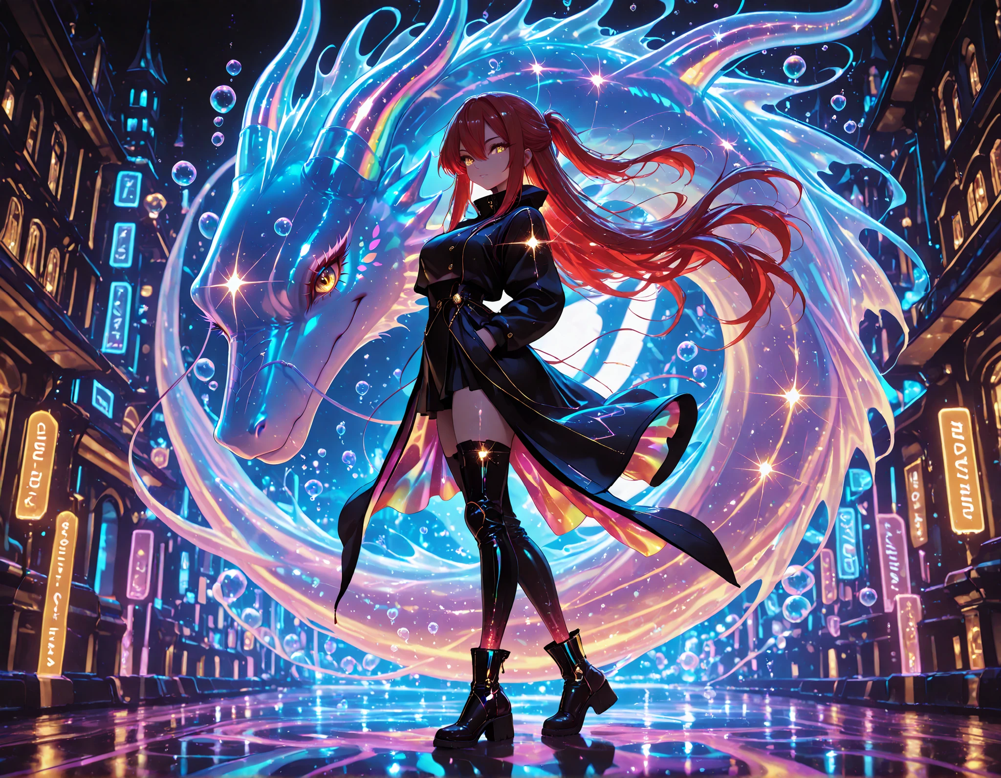 1 girl , golden eyes , very long hair , long sidelocks, red hair ,half updo, petite , very cute , beautiful ,Straight hair, cool, handsome, hair between eyes, sexy, medium breasts, neon color fashion outfit, coat,, high boots
walking,((( floating clothes,floating hair))),looking at viewer, from side, wind, night,
,(Masterpiece ),(best_quality ),(HD_eyes),(ultra_quality ),(Detailed),(scenery),(cinematic_lighting ),(depth),(detailed hands ),(colorful masterpiece ),(high-definition_eyes ),misty, bubble, fantasy, transparent jewel, transparent crystal, light, glow, shine, shining, dragon ghost silhouette in the background, neon colors, glowing, glow effect, vibrant colors, high contrast, fluorescent, luminescence, light effects, chromatic lighting, colorful lighting, bright outlines, neon lineart, dark background, digital art