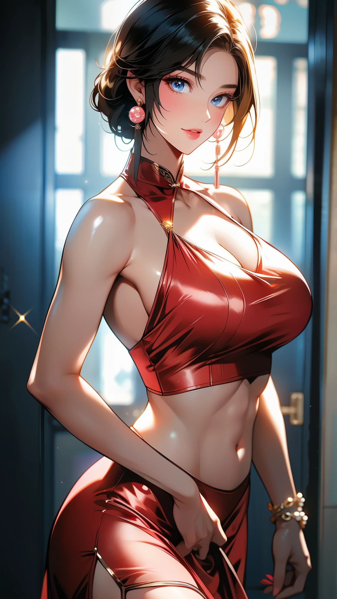 A beauty standing alone in the forest, A beautiful woman wearing a see-through qipao, On the first night of a remarried married woman, A beauty standing straight and looking straight ahead, masterpieces, super high resolution, Highly Accurate Anatomical Structure, Anatomically accurate finger expressions, ((very high detail 1.9)), ((Ultra high definition 1 .9)), ((Ultra high quality 1 .9)), (perfect lighting), bright lights, Wants to Act Raunchy, middle-aged Korean beauty, Sexy face, very pretty face, Femme Fatale, charming smile, shiny hair, Short and neat short hair, Clean hair, Gold hair, yellow hair , Gold sexy see-through qipao, see-through qipao with black pattern, A cheongsam with a deep cut on the chest area, glamour, Voluptuous , mom, Mommy, missy, very big , pretty round breasts, Deep Bust, fair white skin, shiny white skin, Showing the chest , pretty nipples, Beautiful areolas , nipples, voluptuous and sexy body, Eyes of different colors, The left eye is blue, right eye is blue , beautiful eyes detailed, sparkling eyes, Light Pink Blusher, long lashes, eyeshadow, beautiful belly, beautiful abs, beautiful ribs, big butt, beautiful legs, Staring at the camera, Thick lips, First night of a married woman who remarried, shame, Happiness, Lovely , Chubby but in shape, Unbearable Expression, Sexy posing, Voluptuous and sexy body, Various facial expressions, Pearl Anklet, pearl bracelet, Pearl Necklace, pearl earrings, Thin thread ring