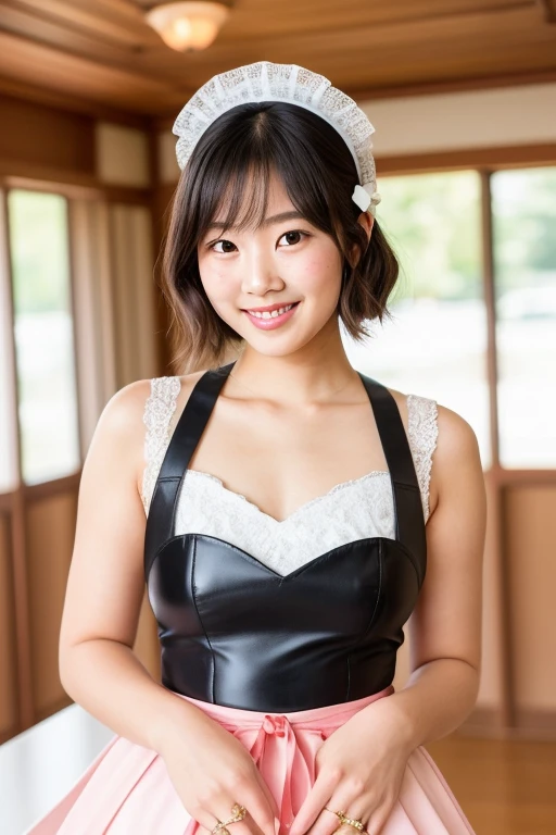 Highest quality、、masterpiece、Real:1.3 )、( A classical and elegant garden with a castle as a backdrop )、( Very high quality deep background : 1.2 )、Natural bright sunlight、Blue sky、smile、Beautiful woman with perfect figure:1.4、Highly detailed face and skin texture、Detailed eyes、double eyelid、Very far : 1.2 、The whole body is visible、White and black maid、Ruffled blouse、Ruffled mini skirt、Ribbon tie、apron、High heels 、((( Lift skirt to show off panties : 1.3 )))。((Thighs))、Red lipstick、