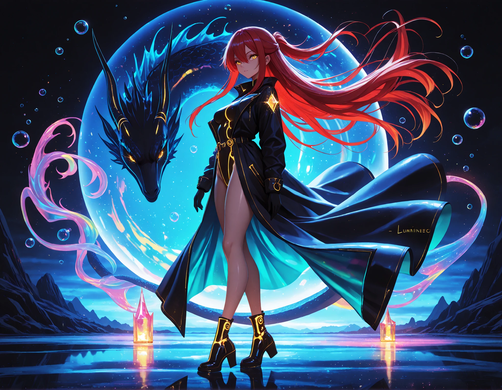1 girl , golden eyes , very long hair , long sidelocks, red hair ,half updo, petite , very cute , beautiful ,Straight hair, cool, handsome, hair between eyes, sexy, medium breasts, neon color fashion outfit, coat,, high boots
walking,((( floating clothes,floating hair))),looking at viewer,  from side, wind, night, 
,(Masterpiece ),(best_quality ),(HD_eyes),(ultra_quality ),(Detailed),(scenery),(cinematic_lighting ),(depth),(detailed hands ),(colorful masterpiece ),(high-definition_eyes ),misty, bubble, fantasy, transparent jewel, transparent crystal, light, glow, shine, shining, dragon ghost silhouette in the background,  neon colors, glowing, glow effect, vibrant colors, high contrast, fluorescent, luminescence, light effects, chromatic lighting, colorful lighting, bright outlines, neon lineart, dark background, digital art