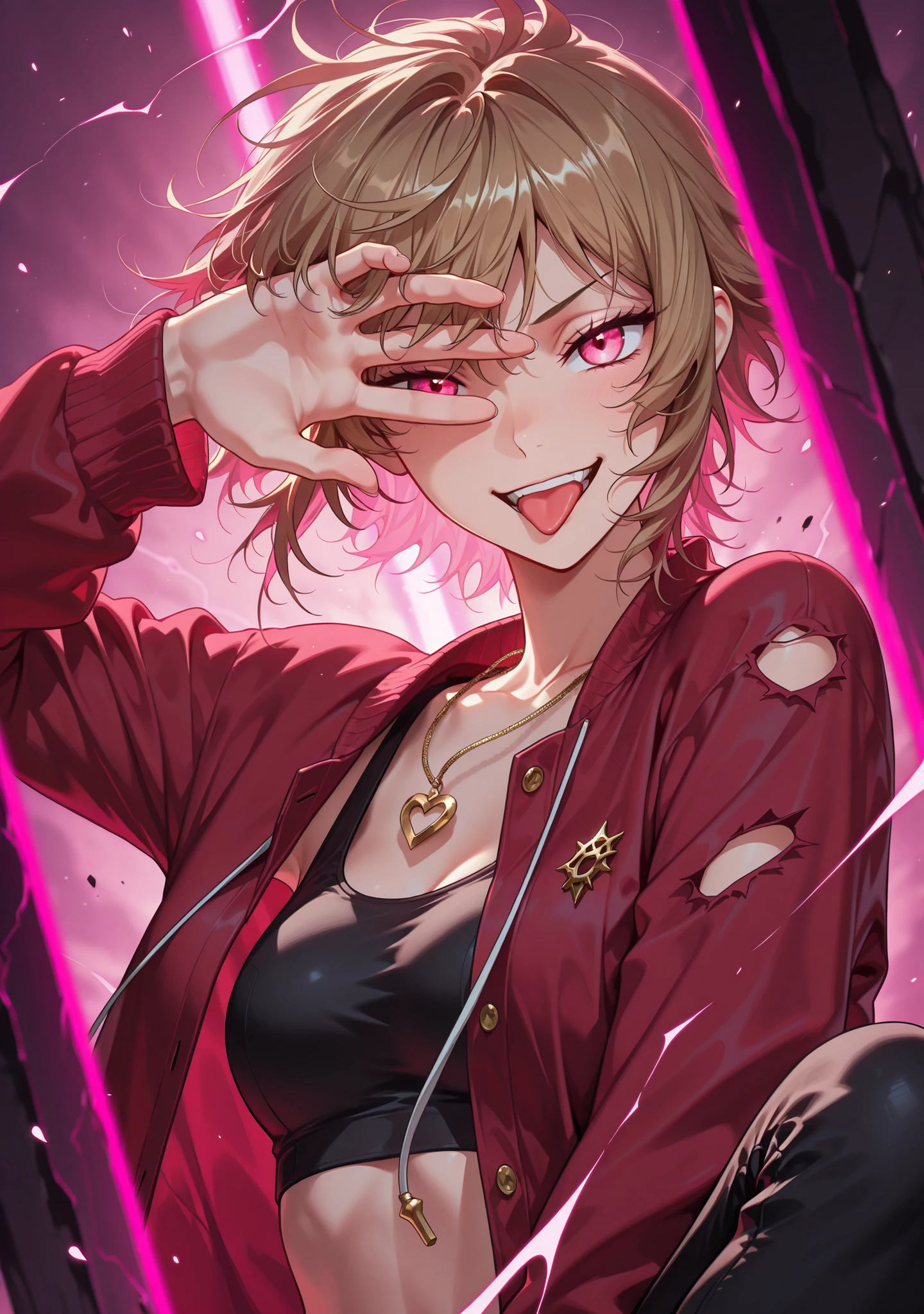 in the style of [Jujutsu Kaisen:0.77], god rays, vivid colours, light stream, manhwa girl, detailed texture, detailed feature,masterpiece, best quality, amazing quality, very aesthetic, high resolution, ultra-detailed, absurdres, (hands:-0.15), 
(1girl, young adult, female:0.95), solo, alone,(dynamic pose, upper body focus, looking at viewer, chuunibyou, hand over eye, action shot, three quarter view, close up, closeup shot:1.2), blonde hair, brown hair, mixed hair colour, (pink eyes:1.33), gradient eye color, wild hair, messy hair, heart necklace, succubus necklace, sticking tongue out, red jacket, unbuttoned t-shirt, sports bra, finger on tongue, smirking, tsurime, narrow eyes, seductive, cocky grin, arrogant, torn jacket, cross legged, expressive,
BREAK, depth of field, volumetric lighting
 
