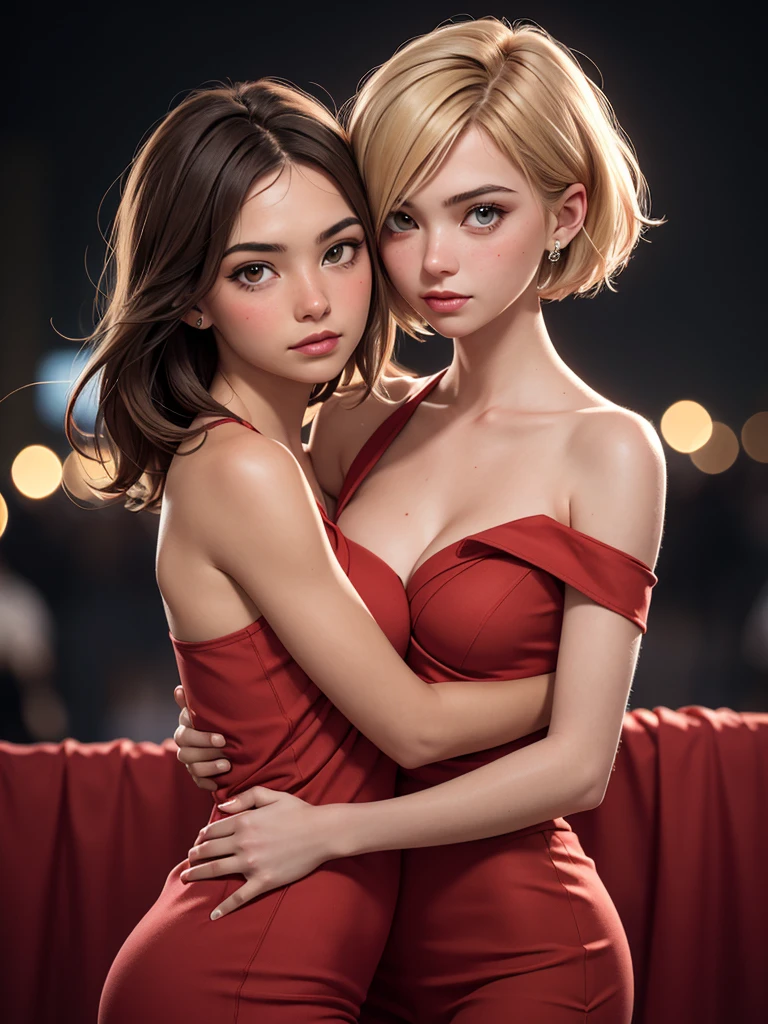 (best quality,4k,highres,ultra-detailed,realistic:1.2), a blond girl, huge breasts,enormous chest,pixie cut hair,flat abs, red lace bra, earrings , necklace,red lips, in the street at night, neon lights and advertising, close-up portrait