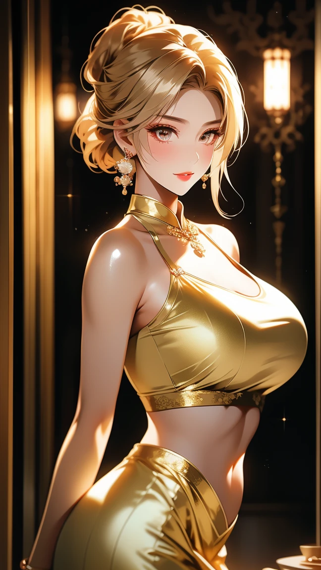 work of art, Beautiful young woman, pensive facial expression, olhar jaded, elegantly dressed in yellow, Hair tied back, cabelo roxo, jaded, light skin tone, looking ahead at viewer
