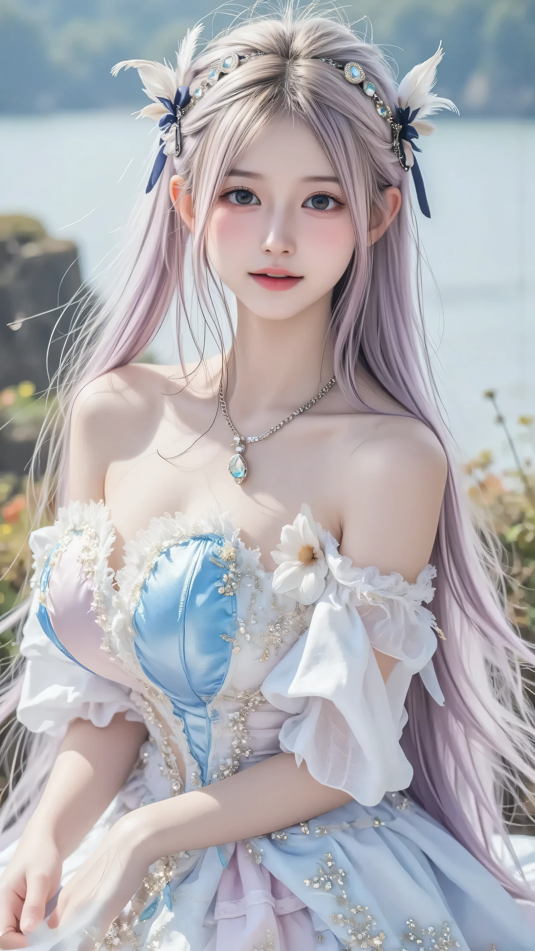 A radiant fairy-tale maiden, professionally shot for a FLUX-generated image. She wears a dazzling off-shoulder gown with a white-to-pale-lilac gradient, sparkling with precious stones and delicate embroidery. Her pastel pink hair, lightly accented with blue tips, is styled in flowing twin tails, crowned with airy feather ornaments that evoke whimsy. A luminous necklace with a central pearl pendant and fine silver chains adds to her ethereal allure. Her large, sparkling eyes and porcelain-like skin embody a fantasy-anime character, brought to life in a professionally lit studio with a dreamy, magical atmosphere.