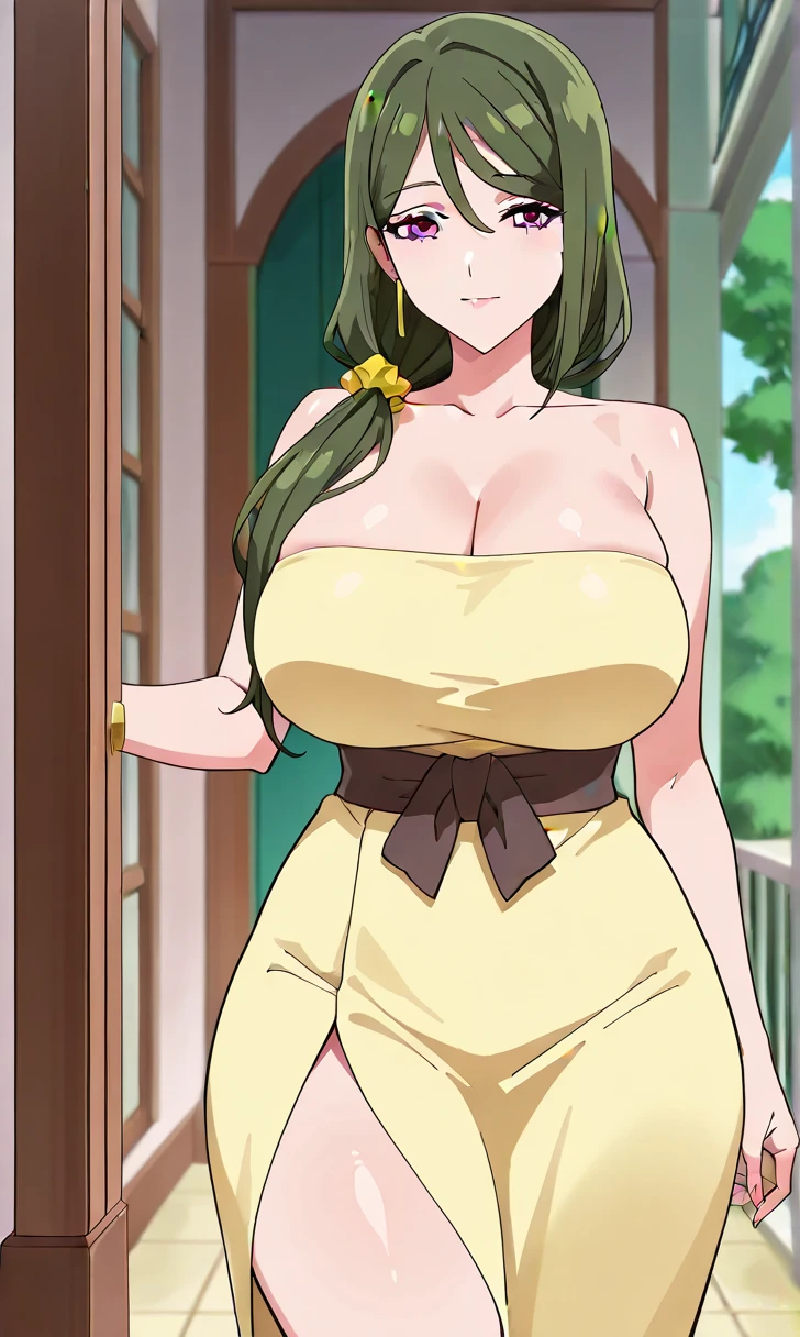 masterpiece, 16K, Japanese, 1 Female ,60 years old ,(Round neck short sleeve maxi tight dress:1.2) ,(Large Breasts:1.5) ,Cleavage ,Chubby, Realistic, double eyelid, Textured skin, 1080p, Canon, 8k, Super detailed, Accurate, highest quality、Pregnant women、impatience、Sweat:1.5、blush、Embarrassed face、smile