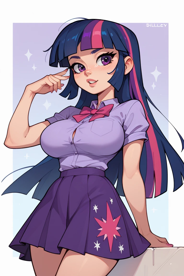 My little pony, anthro, dark blue detailed hair, white body, brown eyes, very seductive pose, opened her mouth, and strings of saliva stretched, saggy panties, big breasts, pussy under panties, finger on tongue, heart collar, earrings, piercing, black eyeshadow, black nails, patterned underwear, (pink school uniform)