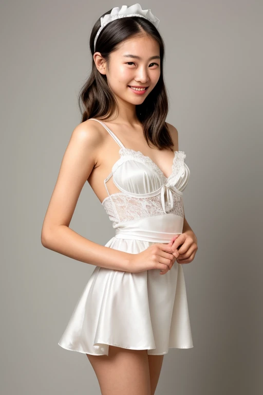 best quality,masterpiece,Ultra-high resolution,(Practical:1.4),original photo,Ultra-high resolution,8K,And women,White skin、Sheer White Lace Mini Dress,High heel,Long legs:1.5,(((Spread your legs apart:1.5))),Bright and beautiful,High waist,Use red eyeshadow to create a gorgeous look,Gray background,
