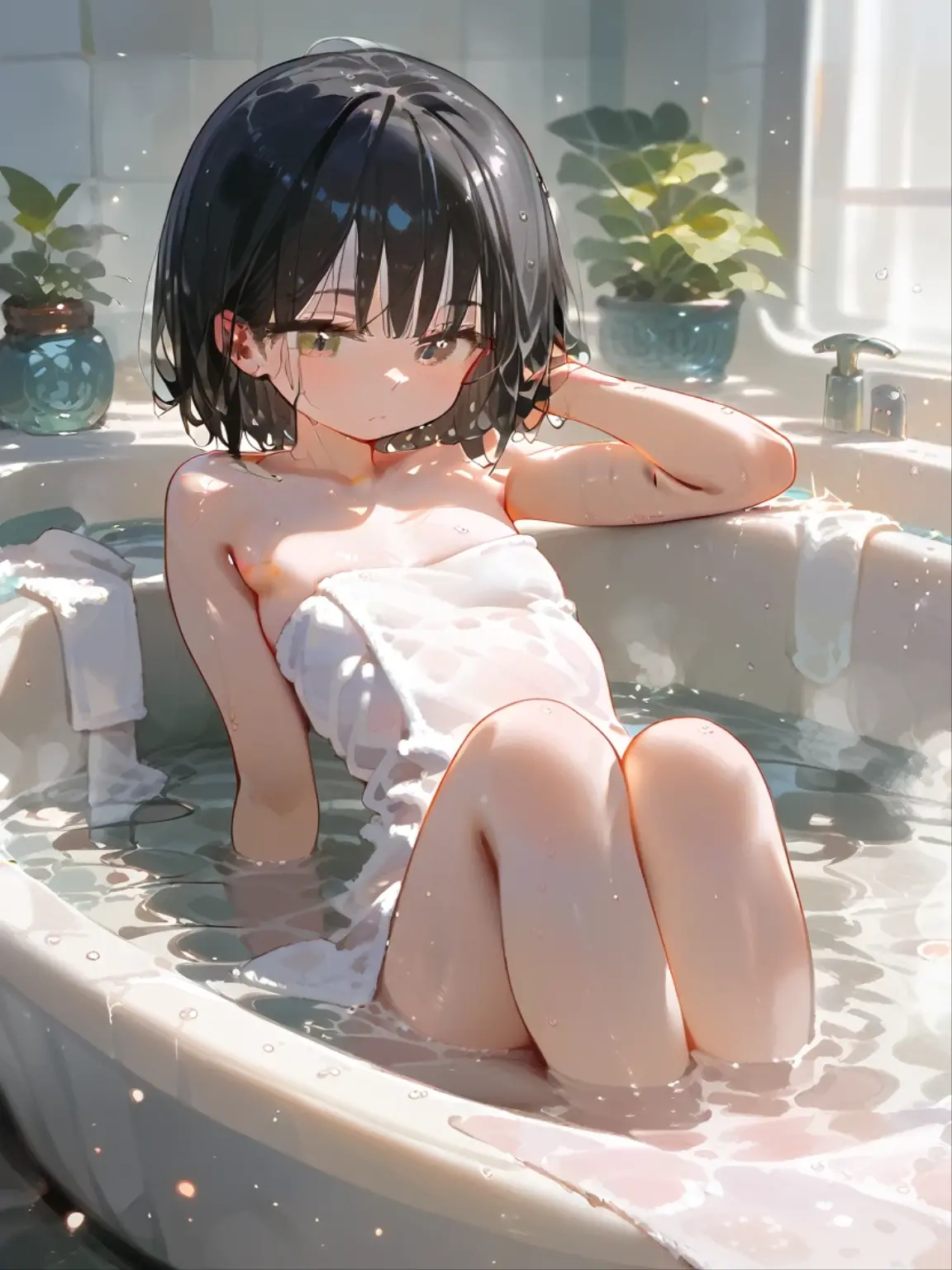 (1 girl), lying in bathtub, bathtub with water and flower petals, short black hair girl, black eyes, smile peacefully, white frill nightgowm dress, small boobs, , sexy sleeping, reveal dress, white frill panties, short lace dress, wet clothes, magazine cover, magazine style, best quality