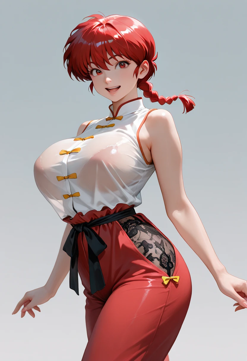 (topless:1.3),((masterpiece)), expensive quality, very_expensive_solve, big_file size, Full Color, Thick outline, Clear contours, colorful, (Beautiful attention to detail), (Beautiful Face:1.3), Boyish face, 1 Girl, (Ranma), (Redhead), short hair, (Braided Ponytail), ((bangs)), bumpy bangs, Blue-gray eyes, Big Breasts, Curvy, Black Wristband, Ranma, Braided Ponytail, Chinese clothing, No sleeve, Tangzhuang, Black trousers, Camel Toe, Are standing,