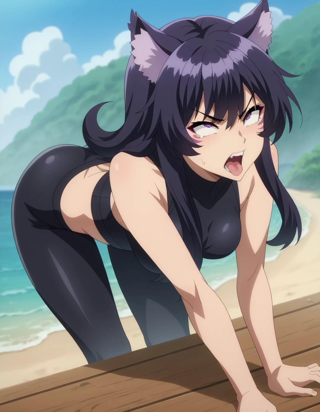 source_anime, score_9,score_8_up, score_7_up, ginedb, anime screencap, 1girl, solo, looking at viewer, smile, medium breasts, black hair, ocean, medium breasts, smile, standing, blue night sky, night, stars, underwear, magenta top, magenta panty, lengerie, lingerie, mesh stockings, transparent tights, red lips, lips, makeup