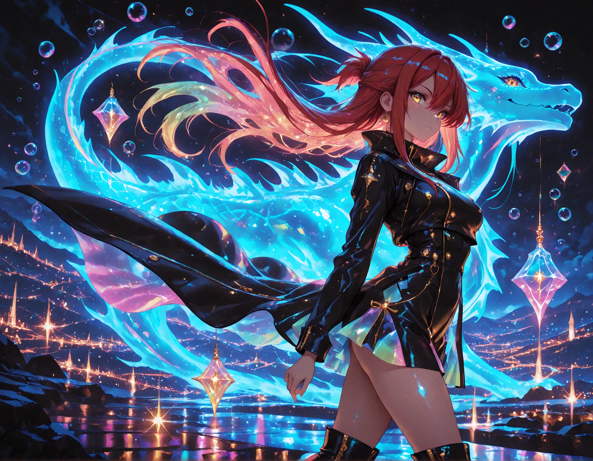 1 girl , golden eyes , very long hair , long sidelocks, red hair ,half updo, petite , very cute , beautiful ,Straight hair, cool, handsome, hair between eyes, sexy, medium breasts, neon color fashion outfit, coat,, high boots
walking,((( floating clothes,floating hair))),looking at viewer,  from side, wind, night, 
,(Masterpiece ),(best_quality ),(HD_eyes),(ultra_quality ),(Detailed),(scenery),(cinematic_lighting ),(depth),(detailed hands ),(colorful masterpiece ),(high-definition_eyes ),misty, bubble, fantasy, transparent jewel, transparent crystal, light, glow, shine, shining, dragon ghost silhouette in the background,  neon colors, glowing, glow effect, vibrant colors, high contrast, fluorescent, luminescence, light effects, chromatic lighting, colorful lighting, bright outlines, neon lineart, dark background, digital art