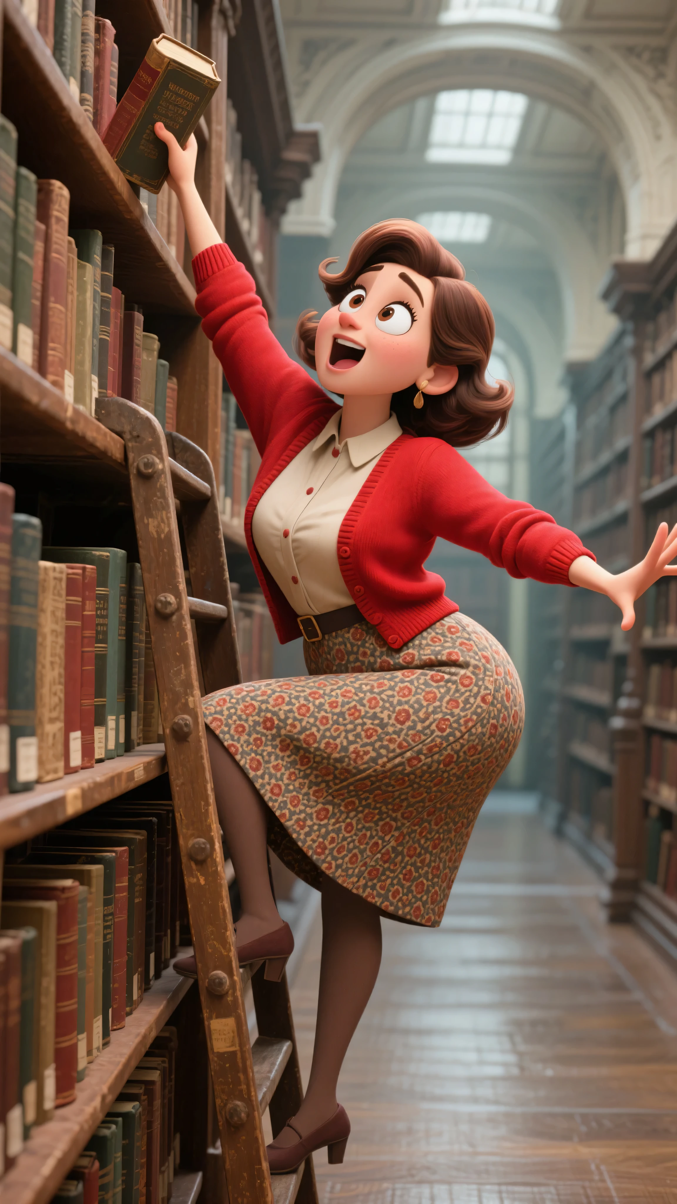 A quirky cartoon female librarian in her thirties, with a noticeably slim waist and very full, pear-shaped hips and thighs, wears a brightly colored crimson red cardigan over a blouse and a patterned A-line skirt. She's on a hyper-realistic library ladder, stretching comically and precariously to reach a dusty tome on a very high shelf in a vast, photorealistic old library, her exaggerated, wide-eyed expression of effort clearly showing her desperate longing for the book and a delightful, determined struggle.

