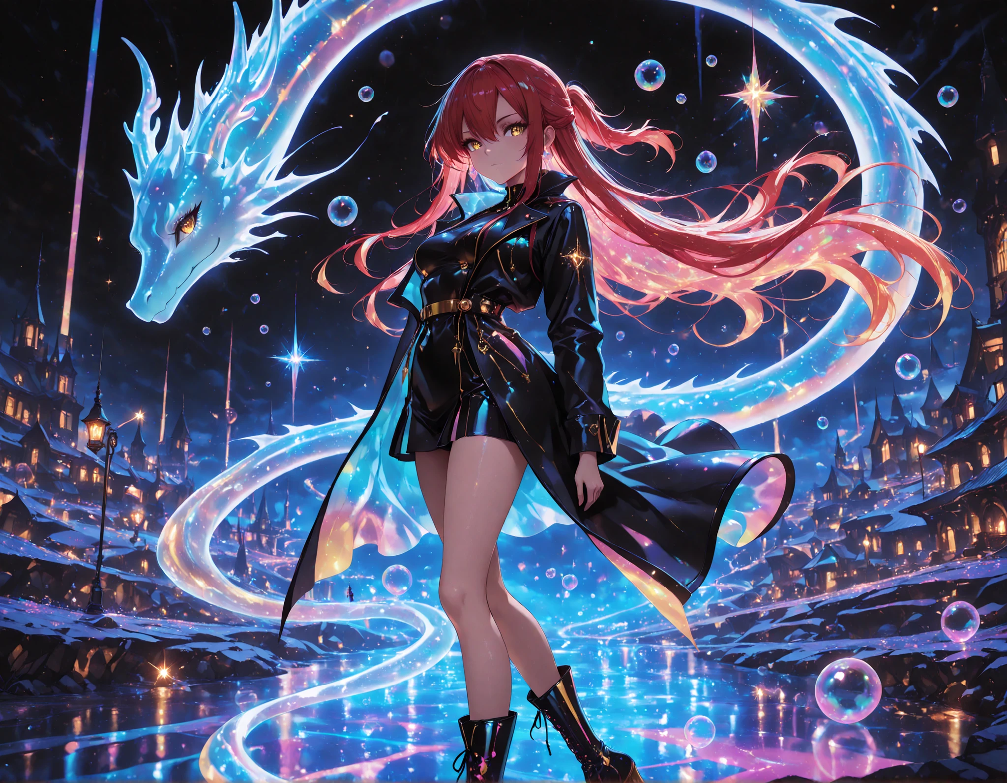 1 girl , golden eyes , very long hair , long sidelocks, red hair ,half updo, petite , very cute , beautiful ,Straight hair, cool, handsome, hair between eyes, sexy, medium breasts, neon color fashion outfit, coat,, high boots
walking,((( floating clothes,floating hair))),looking at viewer,  from side, wind, night, 
,(Masterpiece ),(best_quality ),(HD_eyes),(ultra_quality ),(Detailed),(scenery),(cinematic_lighting ),(depth),(detailed hands ),(colorful masterpiece ),(high-definition_eyes ),misty, bubble, fantasy, transparent jewel, transparent crystal, light, glow, shine, shining, dragon ghost silhouette in the background,  neon colors, glowing, glow effect, vibrant colors, high contrast, fluorescent, luminescence, light effects, chromatic lighting, colorful lighting, bright outlines, neon lineart, dark background, digital art