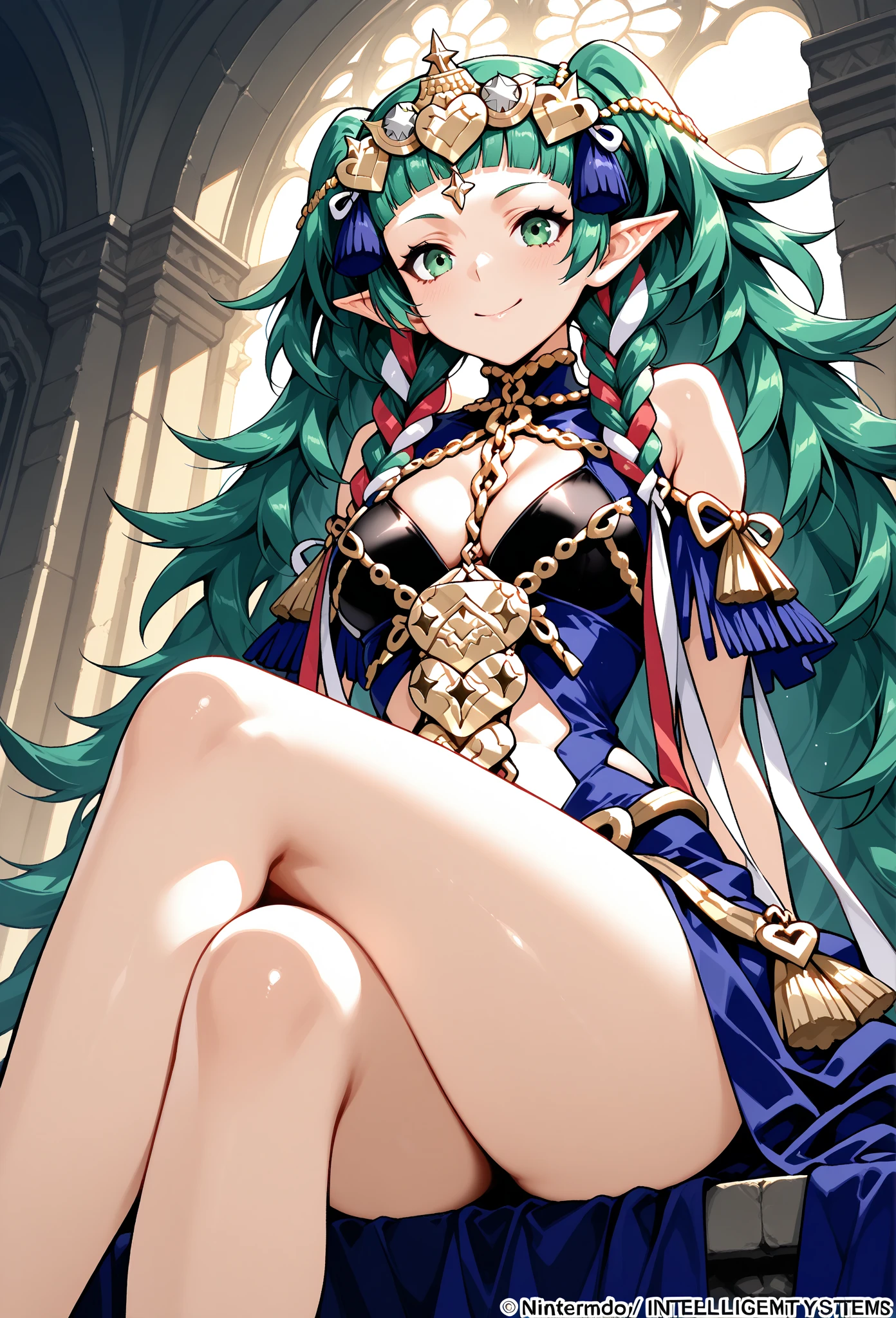 creates a perfectly detailed full-length anime-style image of a beautiful elven woman with blue almond eyes, long red hair, beautiful medium breasts, thick thighs, seductive green elven dress, with her bare breasts hanging naturally from her torso, sitting squatting with her legs open showing her bare crotch with a smile and naughty looks on her face