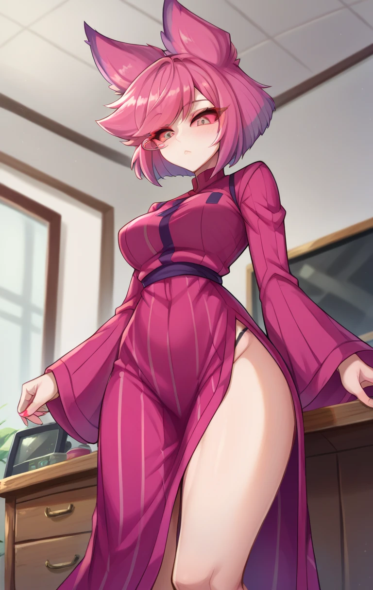 SLE, mksks style, detailed background absurdres, highres, simple background, blue background, full body, solo, 1girl, <lora:Droite (Yu-Gi-Oh ZEXAL):1>, droite, costume_2, side slit, pantyhose, high heels, sitting, invisible chair, expressionless, crossed legs, looking away, blush