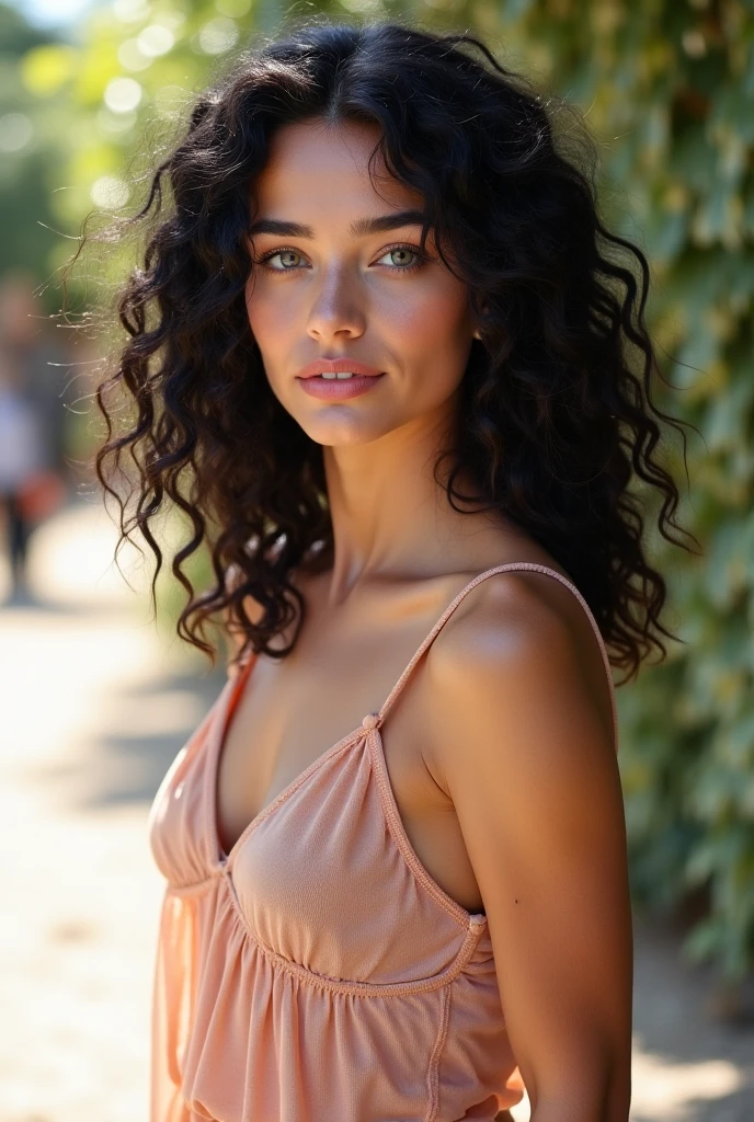 Mexican woman with curly hair, brown eyes and white skin, modest clothing