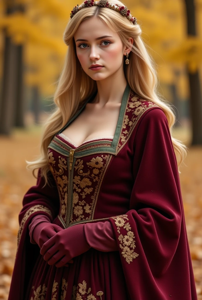 Gorgeous and busty (thin, slim, petite), young blonde peasant girl wearing a dark red medieval dress, long sleeves, intricate patterns, embroidery, wide neck, long dress, fitted dress, tight bodice, medieval jewelry, Middle Ages, fantasy medieval, outdoors, countryside, trees, fire in background, peasants in background, huge breasts, youthful and baby-faced, 18 years old, scared expression, crying