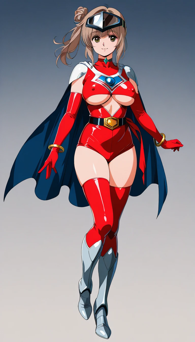 Female, age 25-30, japanese, round face, red mask, dark hair, ponytail, athletic build, full body, busty, costume: red choker, spandex, red cape, sleeveless, blue top with white sides, up side down white triangle symbol, cutout monokini, O-shape belly cutout, red undies, thighs out, white thigh-high socks, red boots, short blue fingerless gloves, white shooter sleeves, metallic bands on arms and boots