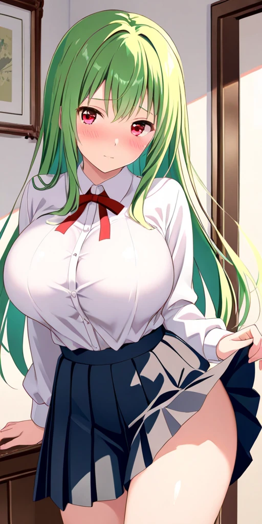 ((A Pretty nude high school girl sitting on the bed)), ((lifting up the white collar shirt)), a red ribbon, wearing the pleated skirt, Baby face, ((top-quality, master piece, ultra-definition, high resolution)), anime girl, ((ultra-detailed illust:1.2)), 1 girl, bangs, hair between eye, green hair, beautiful hair, blue colored eyes, Shiny eyes, ((detailed eyes:1.2)), ((super gigantic breasts:1.3)), huge breasts, Soft breasts, cleavage of the breast, show breasts, emphasize the breasts, focused on breasts, ((erected nipples)), Big smile, enjoyed, laughing, opened mouth, belly button, slender thighs, take off clothes, Night view from the window, fireworks in the background, ((in the Dark room, Backlighting))