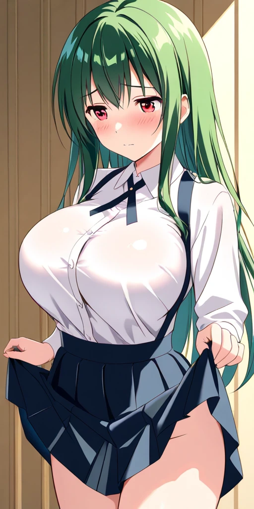 ((A Pretty nude high school girl with green hair and blue eyes)), ((lifting up the white shirt)), shirt lift, ((wearing the pleated skirt)), Baby face, ((top-quality, master piece, ultra-definition, high resolution)), anime girl, ((ultra-detailed illust:1.2)), 1 girl, bangs, hair between eye, beautiful hair, Shiny eyes, ((detailed eyes:1.2)), ((super gigantic breasts:1.3)), ((bouncing breasts:1.3)), ((motion blur:1.2)), huge tits, Soft breasts, cleavage of the breast, show breasts, emphasize the breasts, focused on breasts, ((erected nipples)), belly button, Big smile, enjoyed, laughing, opened mouth, take off clothes, topless, in the classroom, cowboy shot