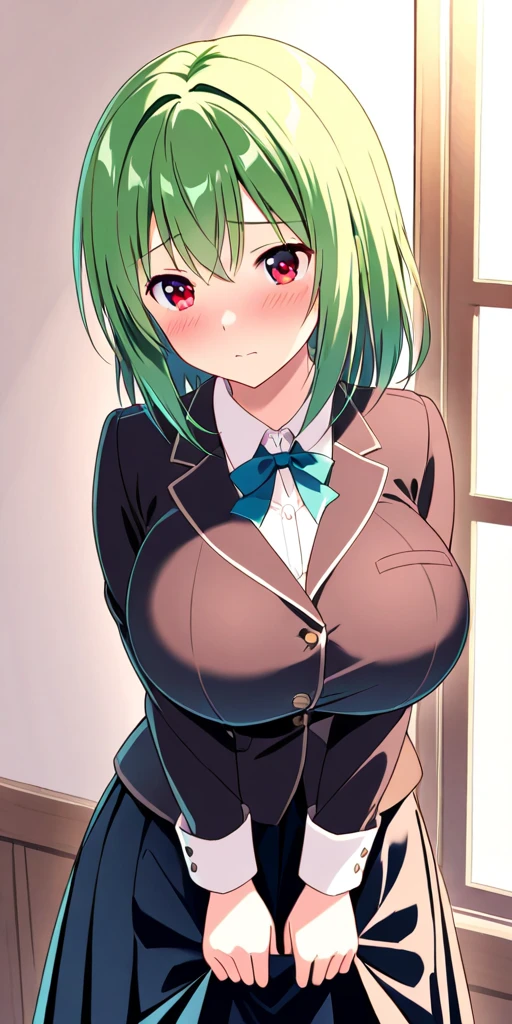 solo, 1girl, smile, looking at viewer, blush, large breasts, dark green hair, hair between eyes, hair slicked back, coat, clubroom, <lora:Menyoujan_style_v01.07:1>