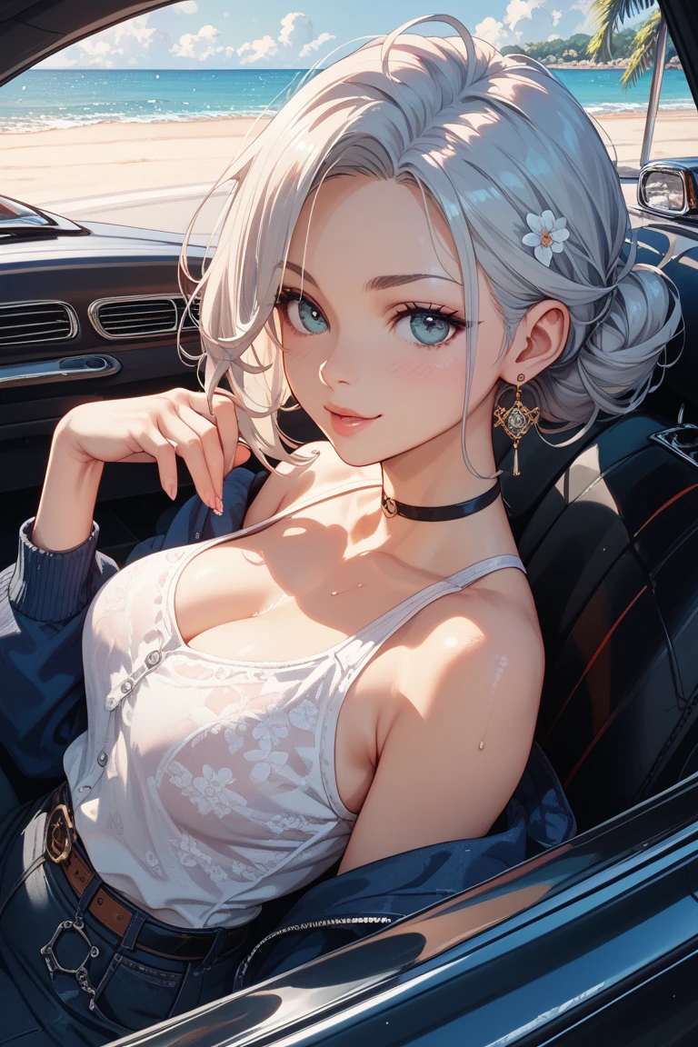 tmasterpiece,(tmasterpiece,top-quality,best qualityer),1girll, jewely,耳Nipple Ring,choker necklace,bangle, hoop earings, circle glasses,sun glasses, Long hair and long meat, Blonde hair,Black color hair,Silvery-white hair,Maroon hair, solo, ssmile, looking at viewert, motorvehicle,The Car, Sports cars,groundvehicle, Sat down, exteriors, daysies, nedium breasts,Open navel, dark skinned female, floral patterns, grinning smile,collars,Laser cloth,Sexy bikini,laser,holy rays,gold foil,Gold leaf art,glitter drawing,Correct anatomy,Detailed face, Detailed eyes,Chest exposed,(miami, night life)