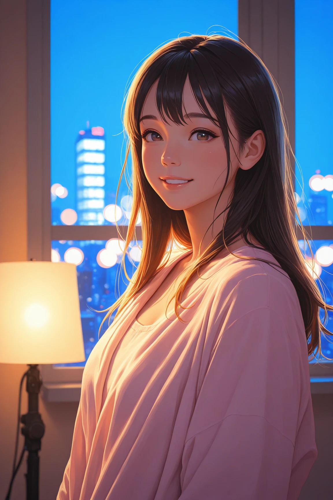 Adult women in lavender and light grey dress with ruffled sleeves, while sitting at a candlelit dinner table, smiling warmly with a gentle gaze, with a city skyline visible through the large windows behind her, in digital illustration, clean line art in anime inspired style