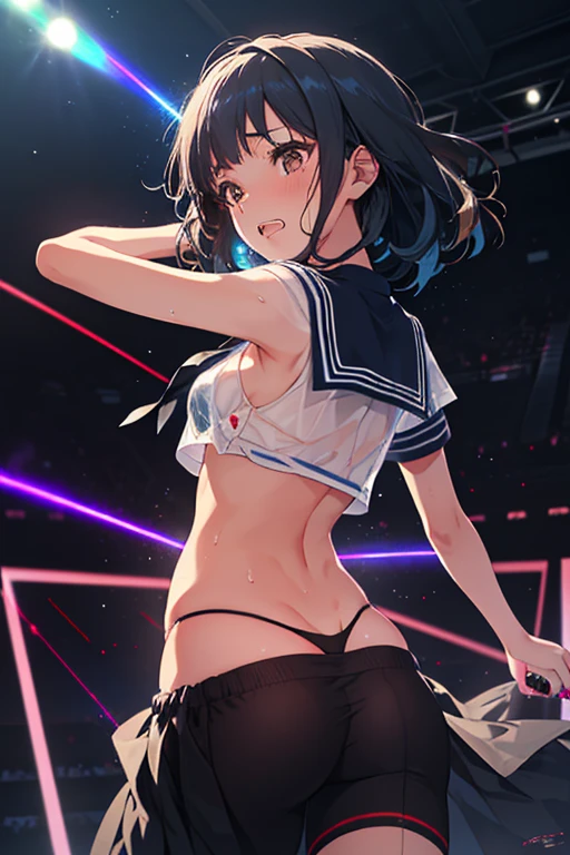 masterpiece, best quality,anime style, 1 girl,(((slender body))), (((small eyes,small breast))),(((cheerleader uniform))),(cum), (beautiful face), (((short ponytail))), (((straight hair))), ((((black hair)))),detailed beautiful skin, (perfect hands, perfect anatomy),scream