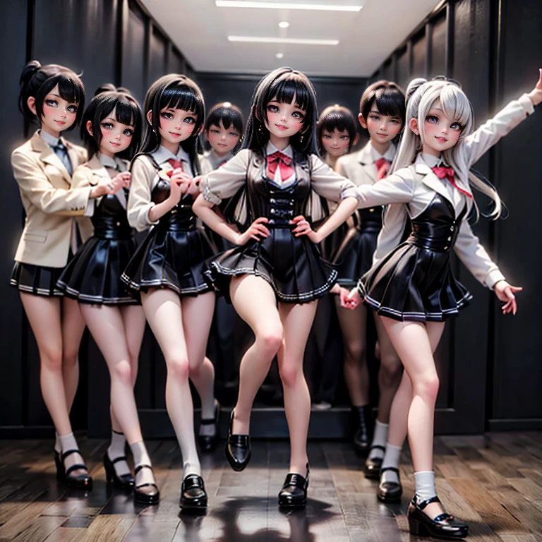 ((through wall)), SchoolGirls wearing uniforms with Thongs, Glistening ivory skin, no legwear, name plate . (Character concept art:1.4), Different types of hair colors, (((NOGIZAKA face variations)))  Extremely Detailed very KAWAII face variations, perfect anatomy, Childish, captivating gaze, elaborate detailed Eyes with (sparkling highlights:1.2), long eyelashes、Glossy RED Lips with beautiful details, Coquettish tongue, Rosy cheeks . { (Dynamic joyful expressions) | :d) }, Random eye color, (large eyes:-1) .