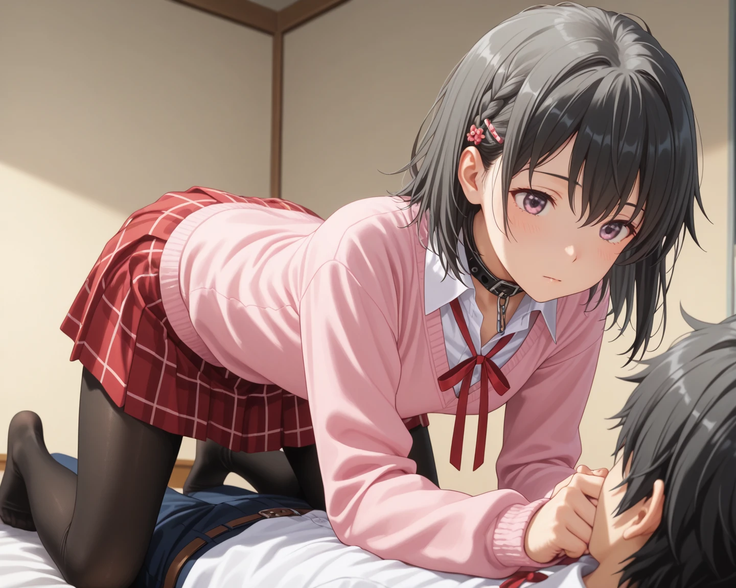 masterpiece, best quality, (one boy and one girl are having sex:1.3), home, on bed, (doggystyle:1.3), high school student, (plump:1.2), short height, medium length hair, (ahoge:1.0), (brown hair:1.2), brown eyes, hairs between eyes, collared shirt, blazer, pleated skirt, , bow, black thighhighs, (saliva:1.4), (pussy juice:1.5), (sweat:1.2),