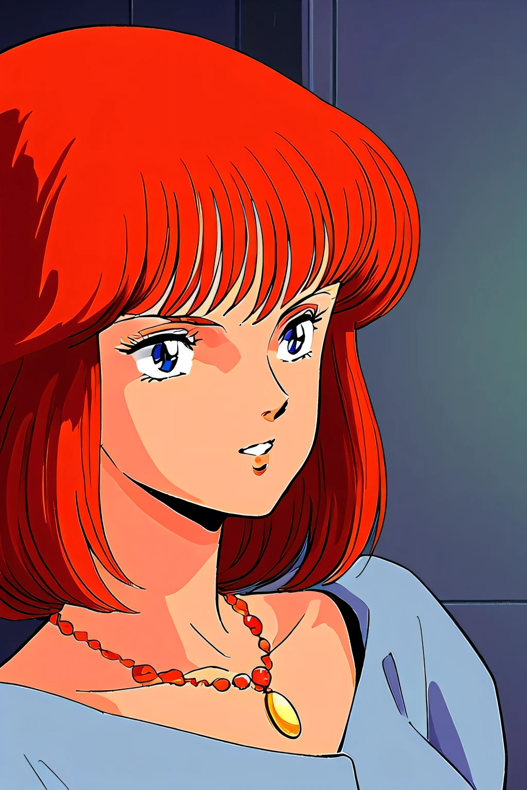 Completed_120%, completed_130%,completed_150%,Score_9_up, score_8_up,score_7_up,Break, gaw ha leccee, gaw_ha_leccee, l-gaim, red hair, blue eyes, medium hair, casual clothes, large breasts, 1girl, solo, 1990 anime style