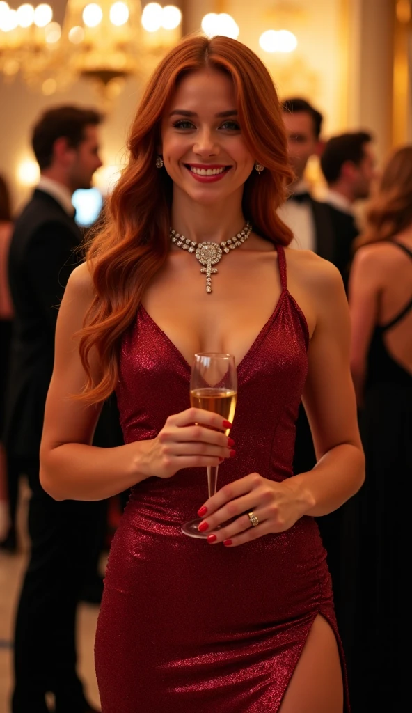 Kate Walsh wearing a long tight metallic ball gown and smiling