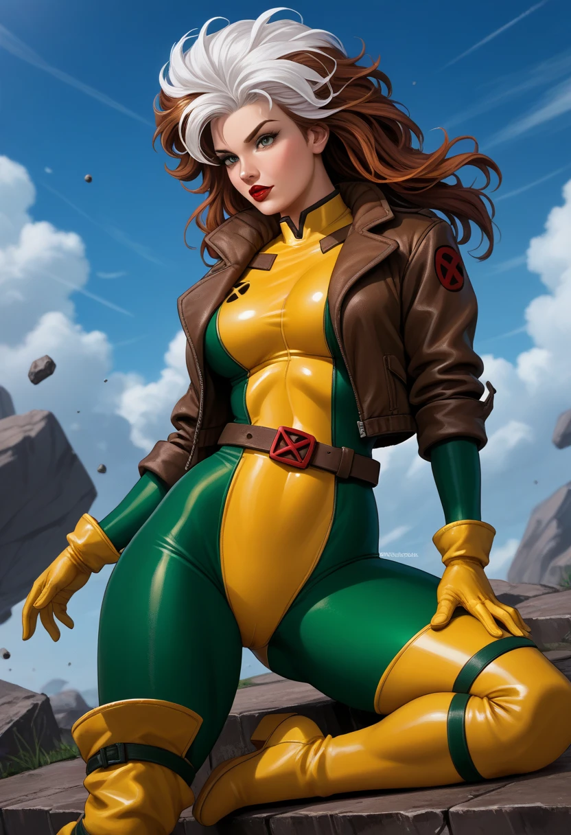 Karen Gillan、masterpiece、High quality 4K、villain (X-Men)、Gothic Girl、Sculpted Body Gothic Makeup、Brown jacket、Yellow and green bodysuit、masterpiece、highest quality、Cowboy Shots、one personの女の子、one person、Technology Military Bodysuit、fringe