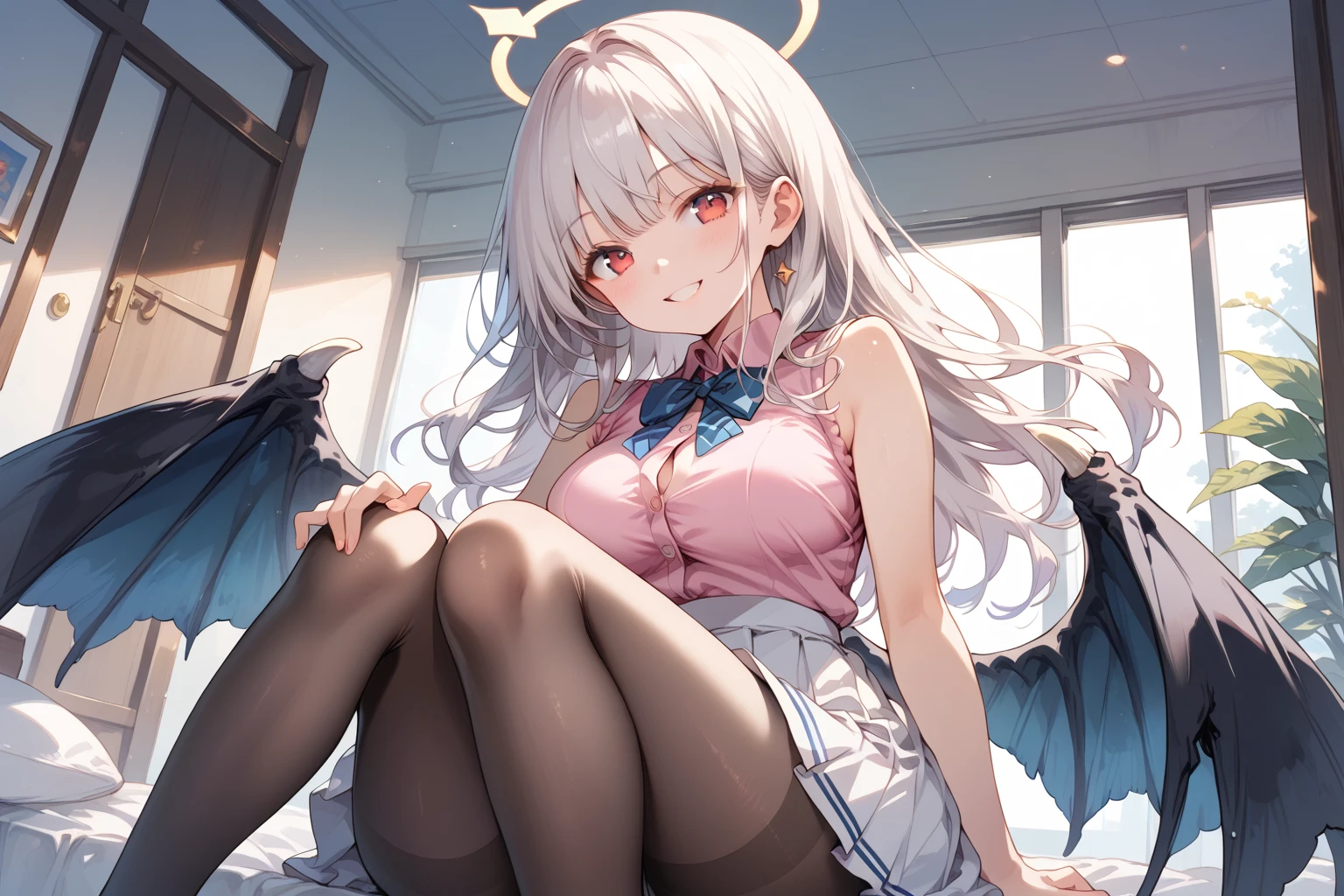 masterpiece,best quality,highres,ultra-detailed,aahina,halo,horns,long hair,ahoge,sidelocks,parted bangs,hairclip,sleeveless shirt,shirt,black gloves,belt,pencil skirt,black skirt,side slit,(wings:1.2),low wings,purple thighhighs,<lora:hina_(blue_archive):0.9>,indoors,bed,sitting,blush,(embarrass:1.2),night,wariza,